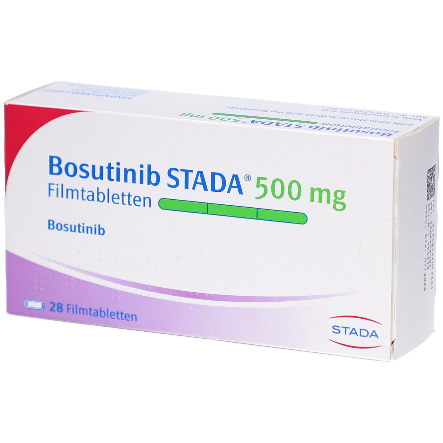 Schachtel mit Bosutinib STADA 500 mg Filmtabletten. Aufschrift: 28 Filmtabletten. Marke STADA.