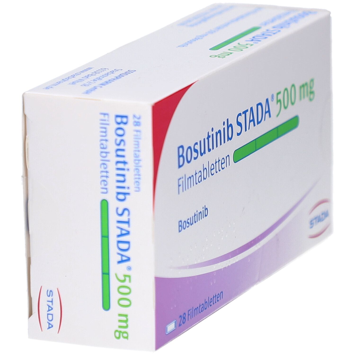 Schachtel mit Bosutinib STADA 500 mg Filmtabletten. Aufschrift: 28 Filmtabletten. Marke STADA.