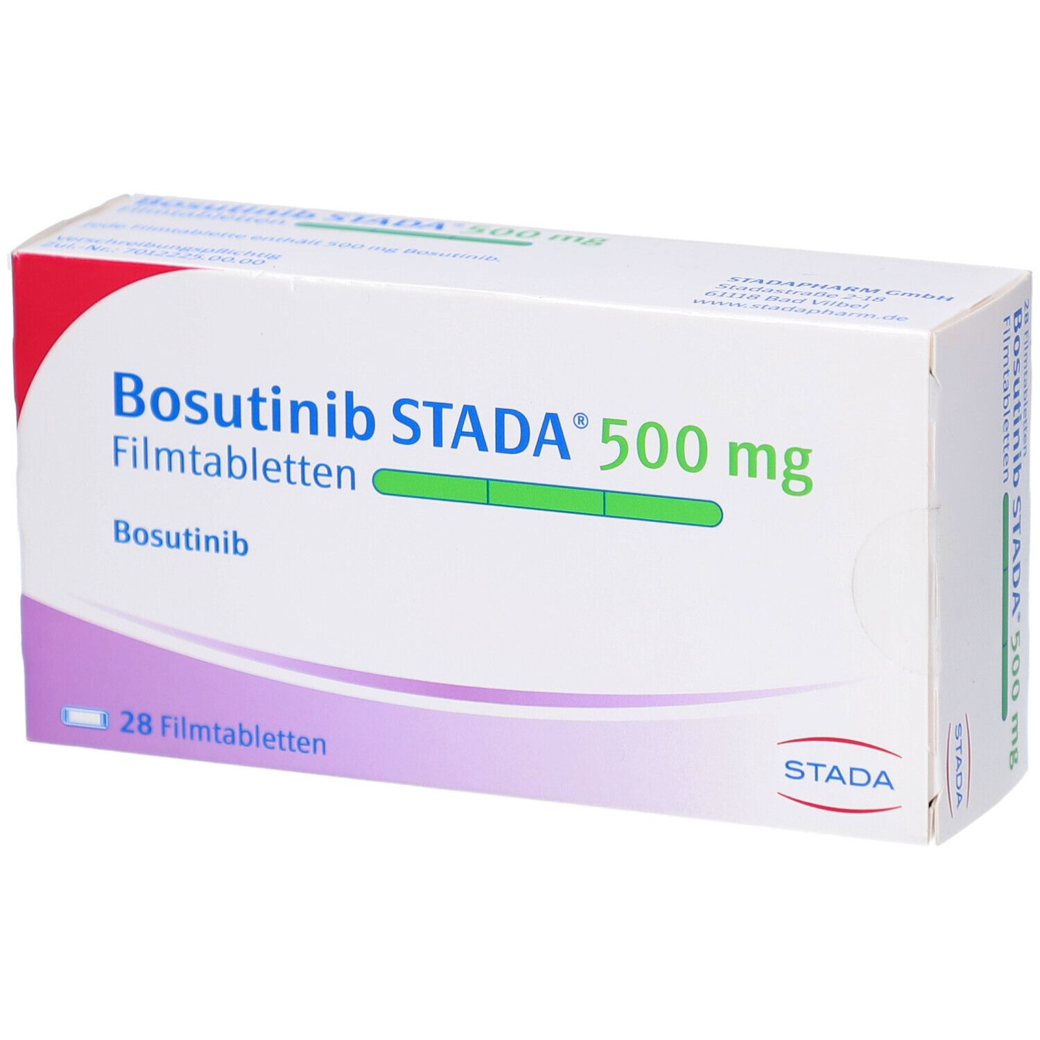 Schachtel mit Bosutinib STADA 500 mg Filmtabletten. Aufschrift: 28 Filmtabletten. Marke STADA.
