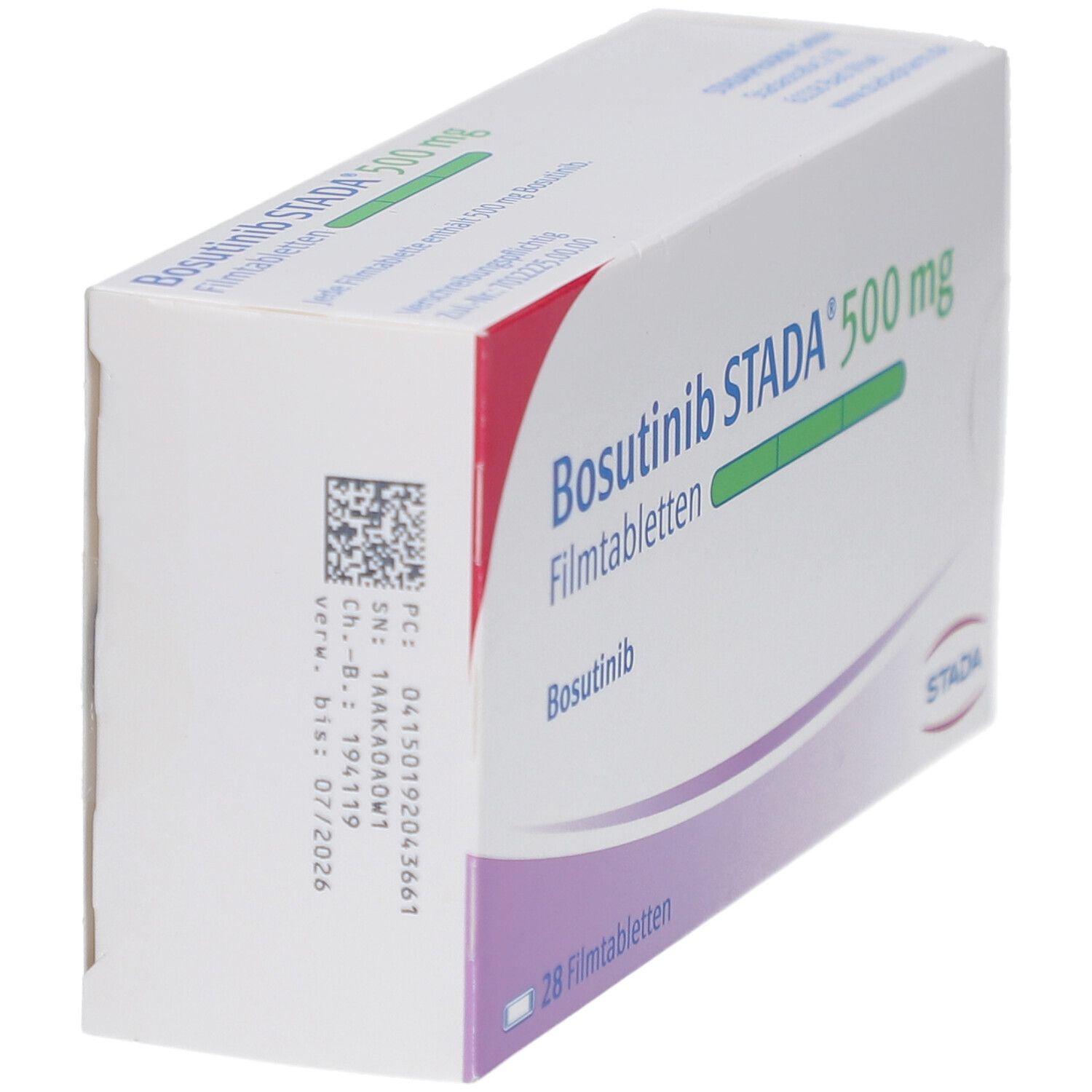 Schachtel mit Bosutinib STADA 500 mg Filmtabletten. Aufschrift: 28 Filmtabletten. Marke STADA.