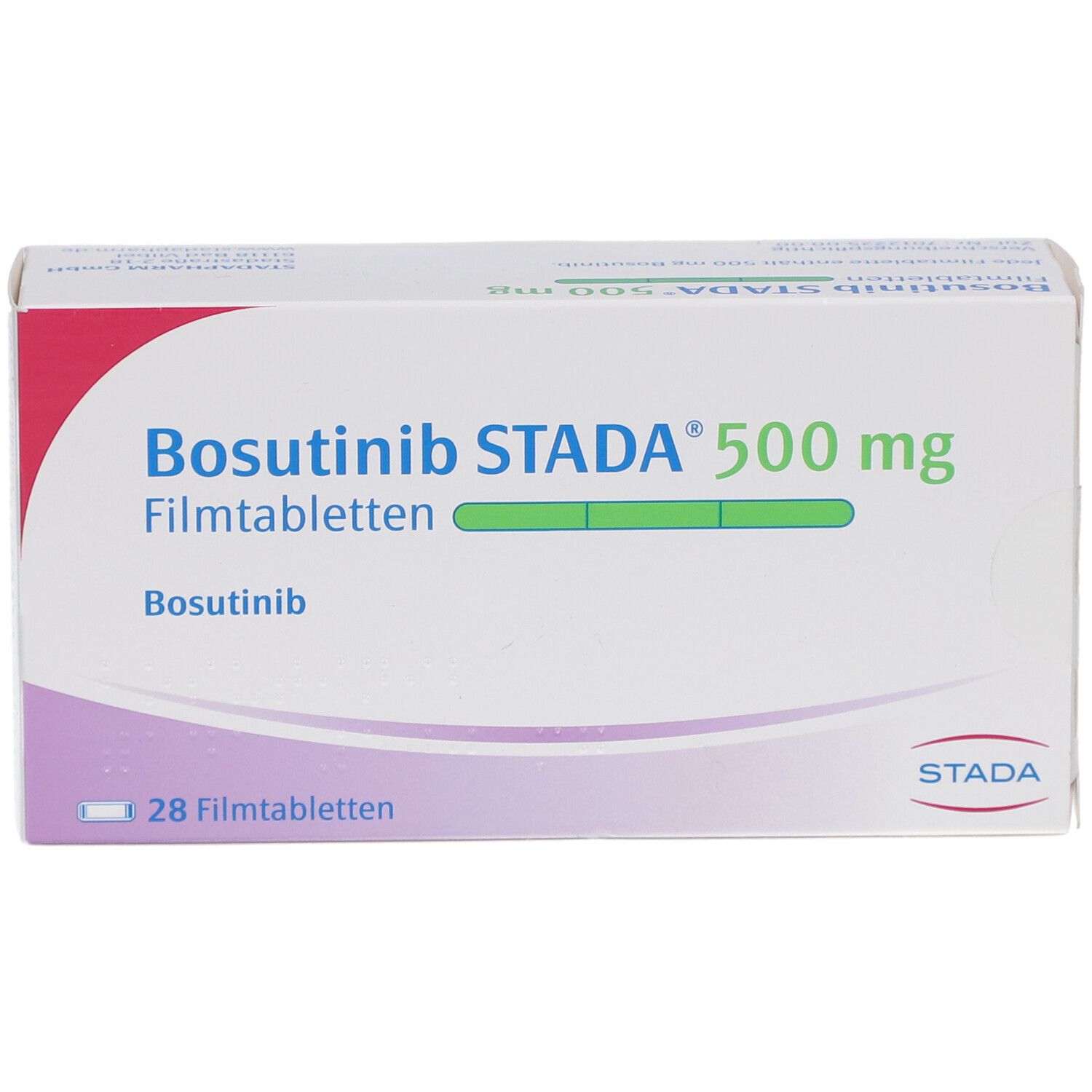 Schachtel mit Bosutinib STADA 500 mg Filmtabletten. Aufschrift: 28 Filmtabletten. Marke STADA.