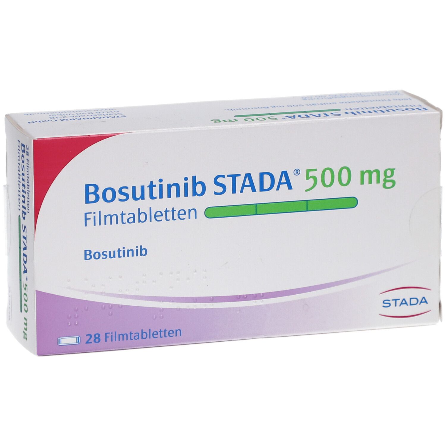 Schachtel mit Bosutinib STADA 500 mg Filmtabletten. Aufschrift: 28 Filmtabletten. Marke STADA.
