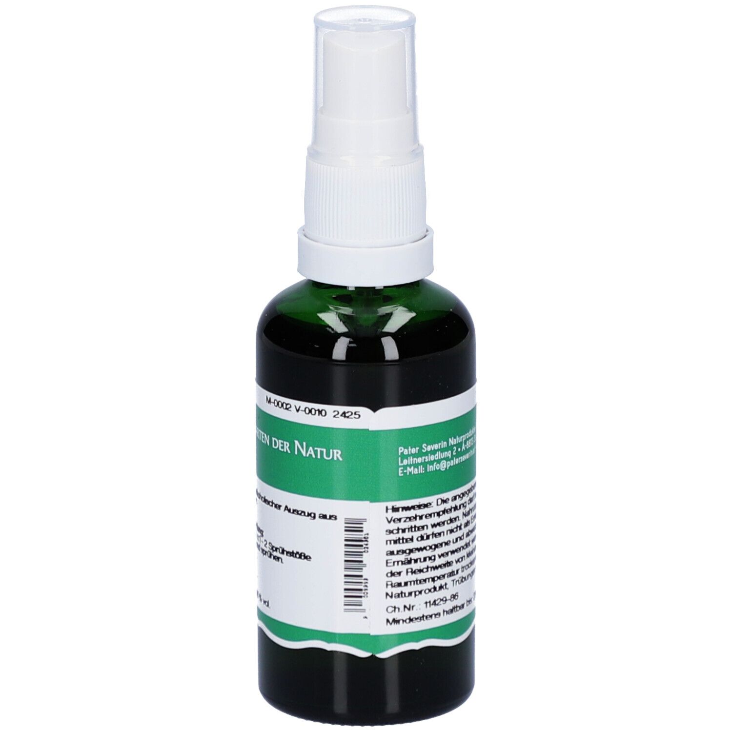 Grüne Glasflasche mit weißem Sprühkopf. Rückseite mit Text und Barcode. Logo: Pater Severin Naturprodukte.