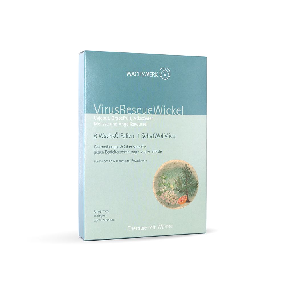 Verpackung von VirusRescueWickel mit 6 Wachsölfolien und 1 Schafwollvlies.