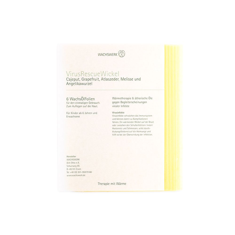 Vorderseite der VirusRescueWickel-Verpackung mit Produktinformationen und Inhaltsstoffen.