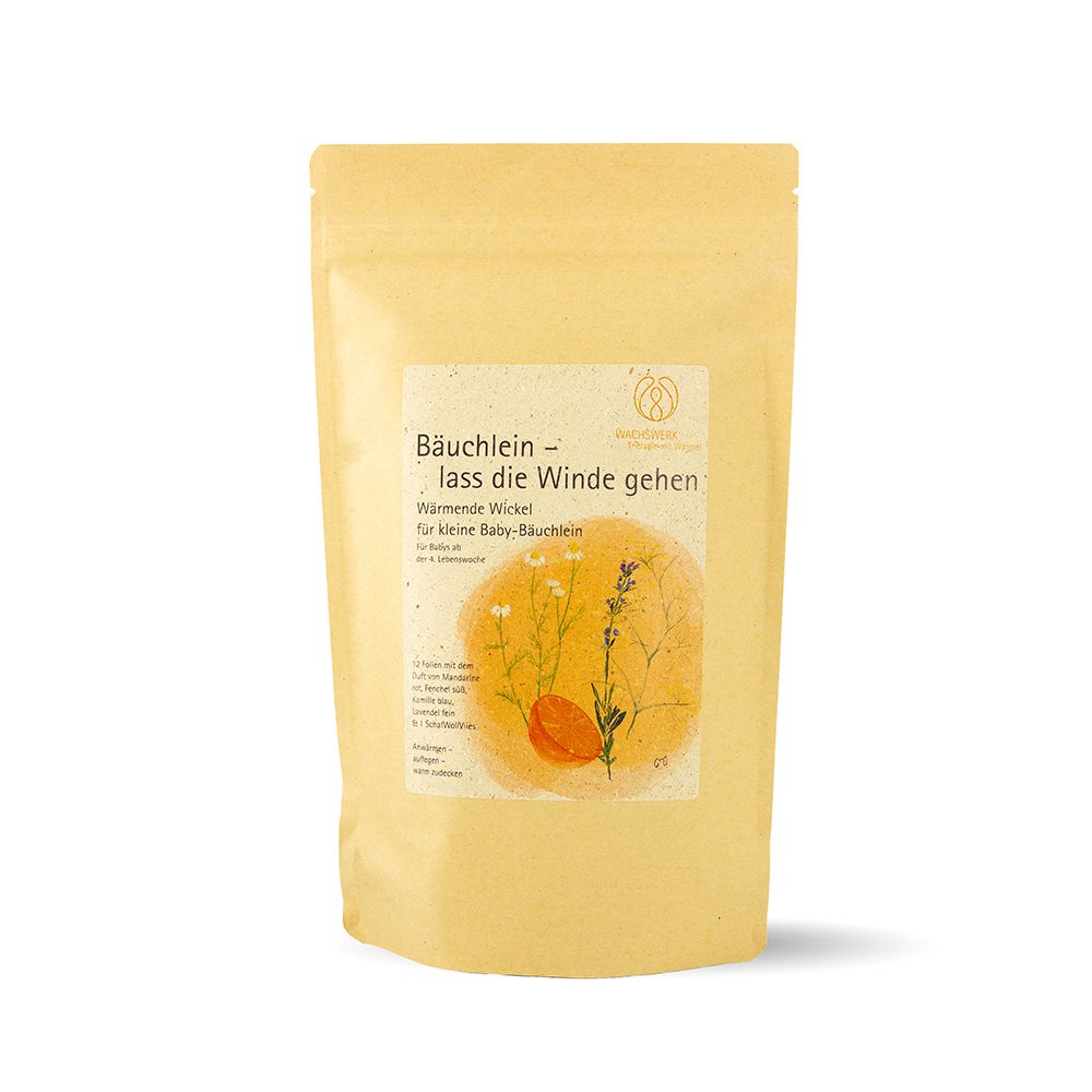 Beige Papiertüte mit Aufkleber für Bäuchlein - lass die Winde gehen, wärmende Wickel für kleine Baby-Bäuchlein.