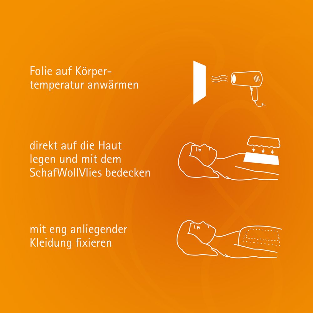 Anwendungshinweise für Baby-Bäuchleinwickel: Folie erwärmen, auf Haut legen, mit Kleidung fixieren.