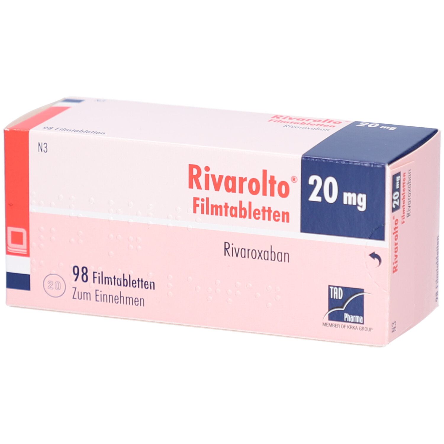 Schachtel mit RIVAROLTO 20 mg Filmtabletten. Aufschrift: 98 Filmtabletten, Rivaroxaban. TRD Pharma Logo.