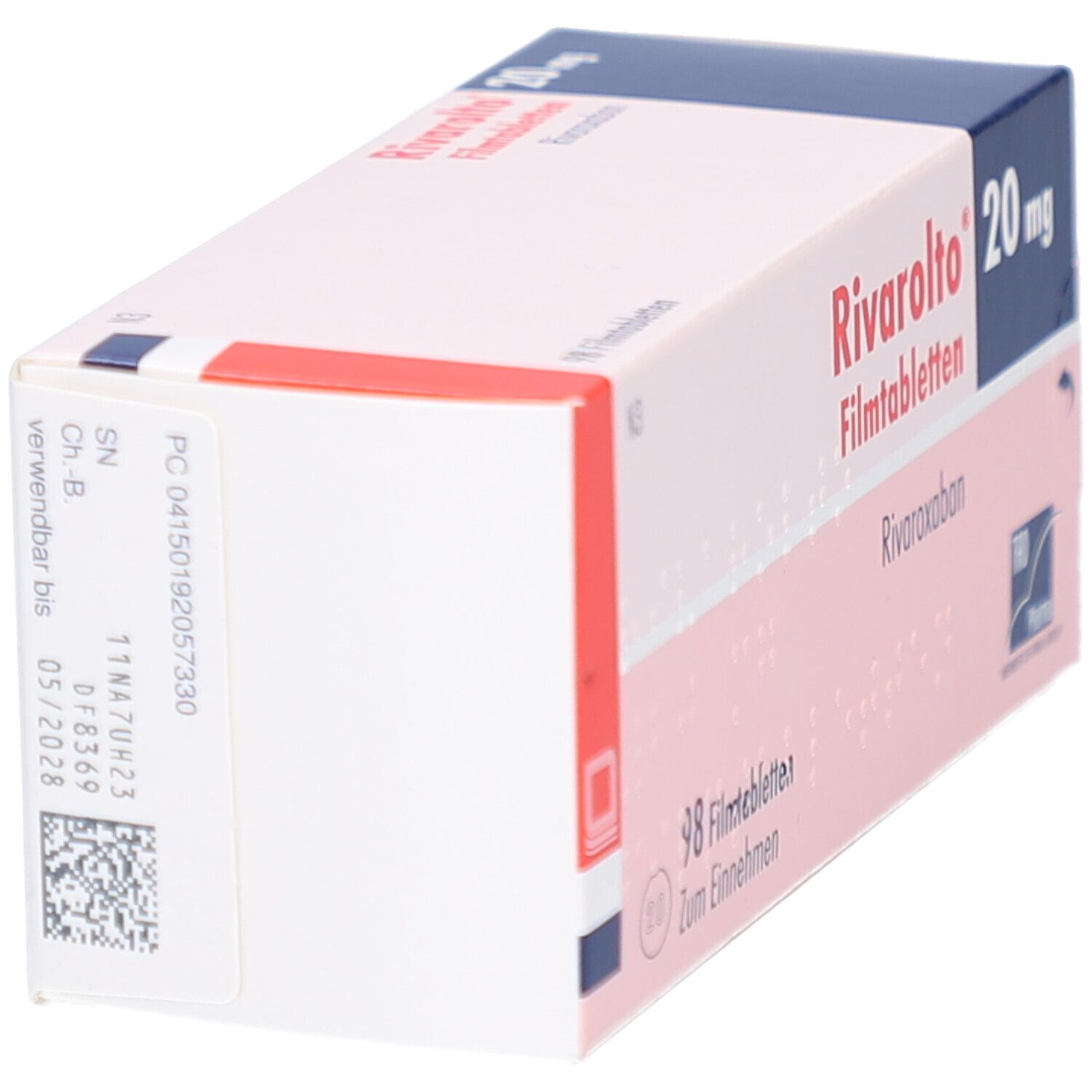 Schachtel RIVAROLTO 20 mg Filmtabletten. Seitenansicht mit Chargennummer, Verfallsdatum und Barcode. TRD Pharma Logo.