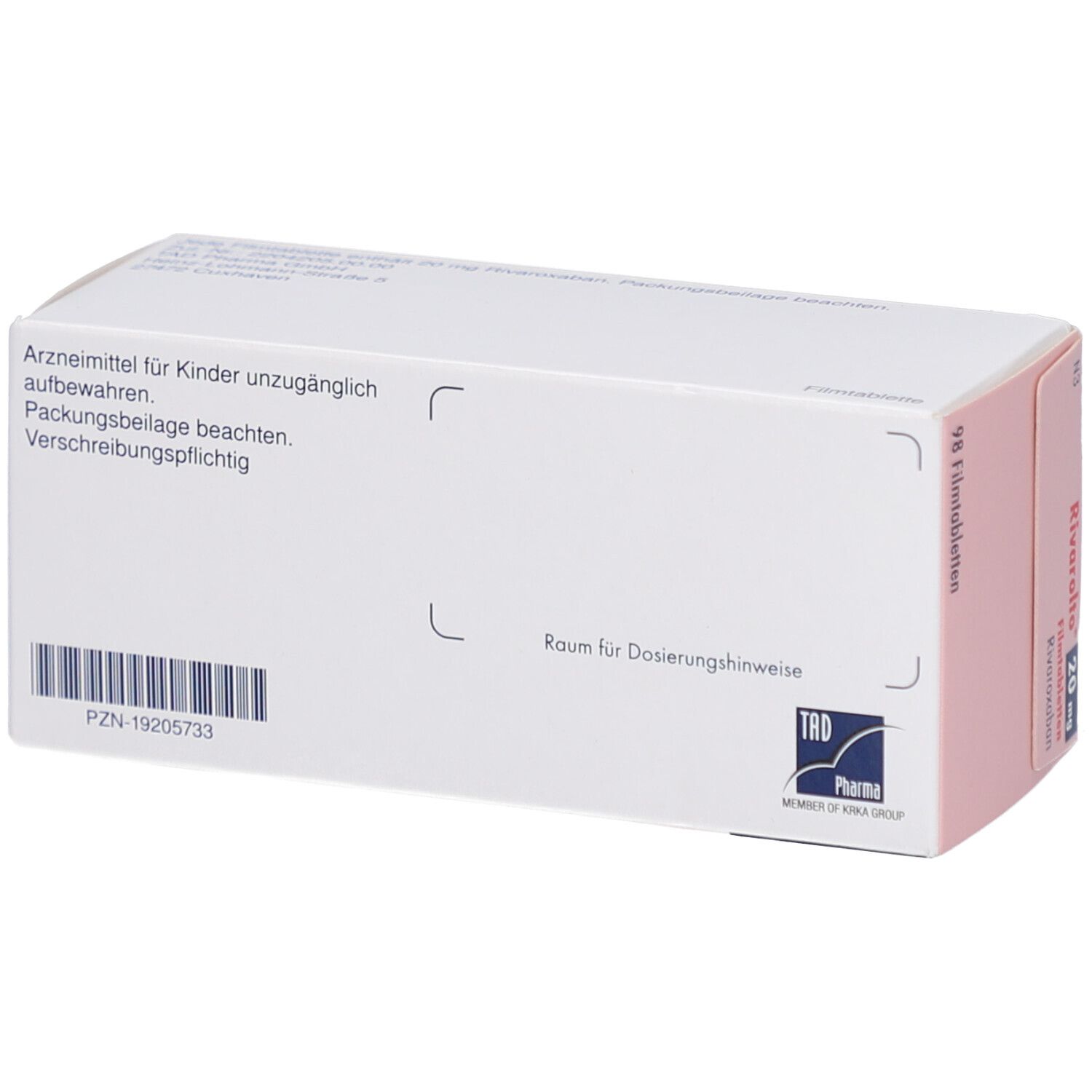 Rückseite der Schachtel mit RIVAROLTO 20 mg Filmtabletten. Text: Arzneimittel für Kinder unzugänglich aufbewahren. TRD Pharma Logo.