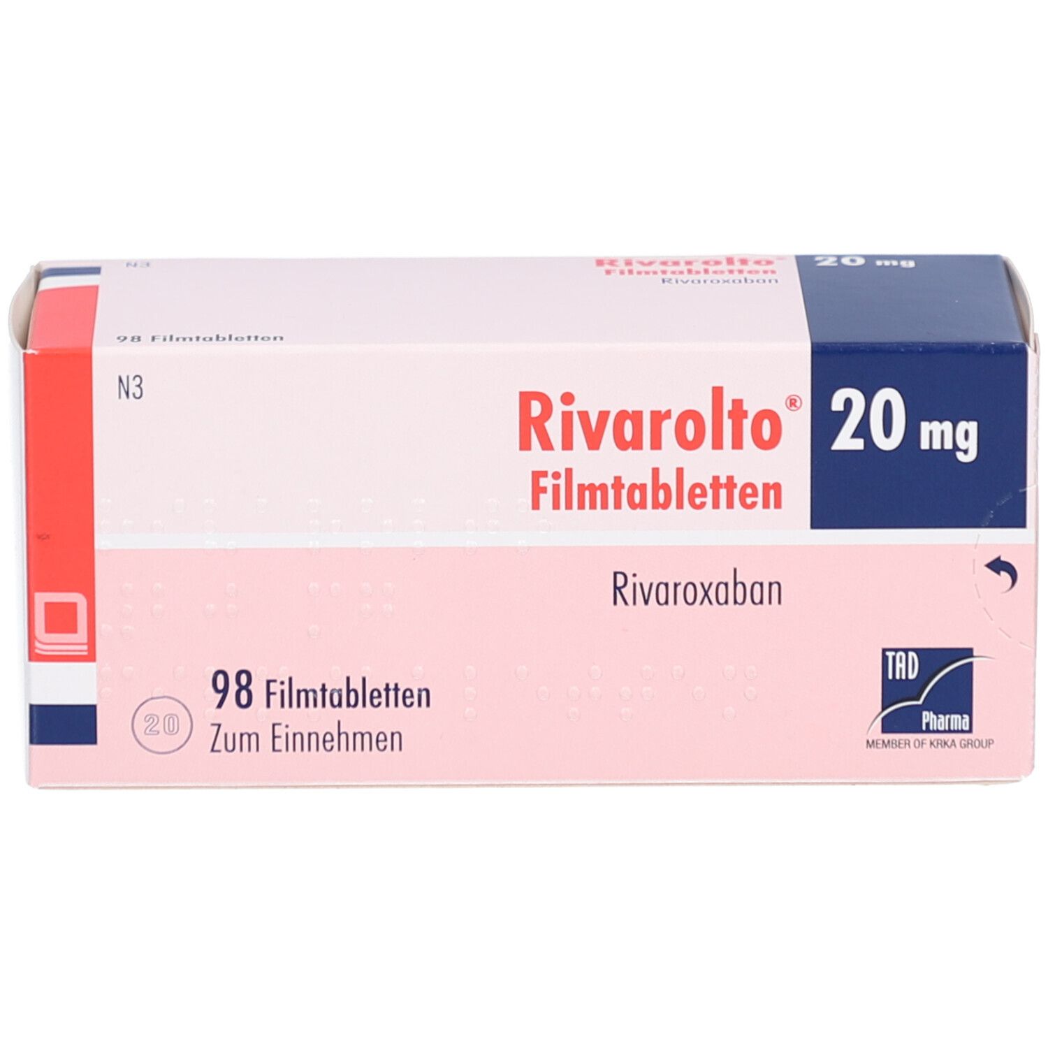 Schachtel mit RIVAROLTO 20 mg Filmtabletten. Aufschrift: 98 Filmtabletten, Rivaroxaban. TRD Pharma Logo.