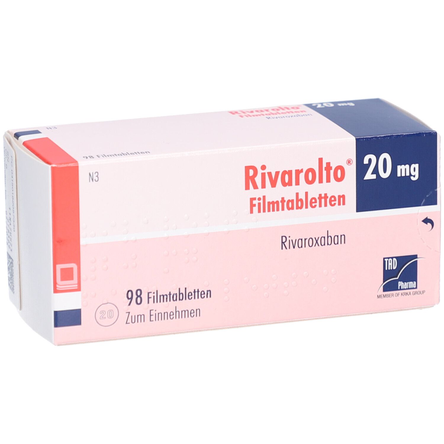 Schachtel mit RIVAROLTO 20 mg Filmtabletten. Aufschrift: 98 Filmtabletten, Rivaroxaban. TRD Pharma Logo.