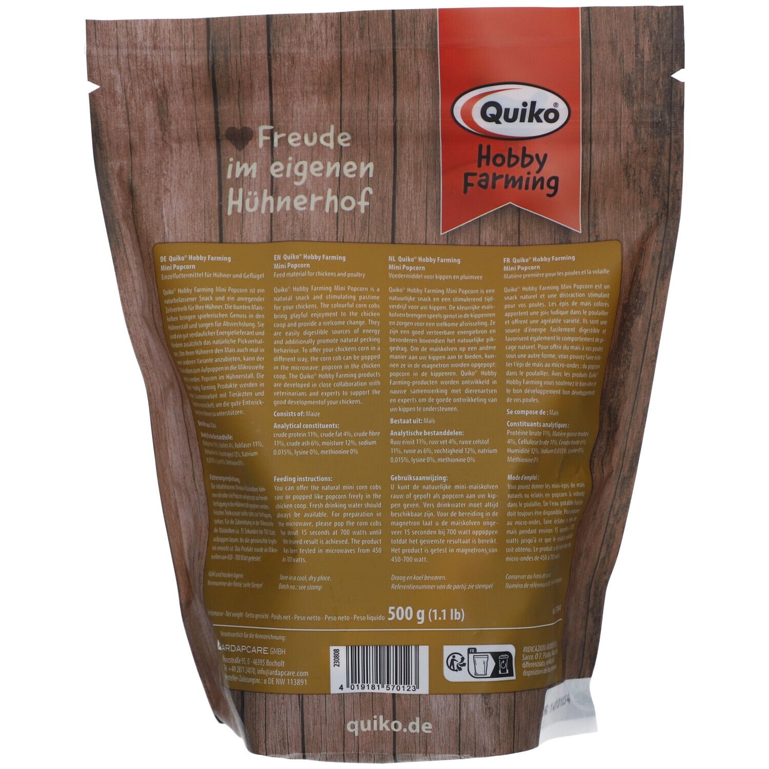 Rückseite der QUIKO Hobby Farming Mini Popcorn Verpackung. Text, Logo und Produktinformationen. 500g (1.1 lb).
