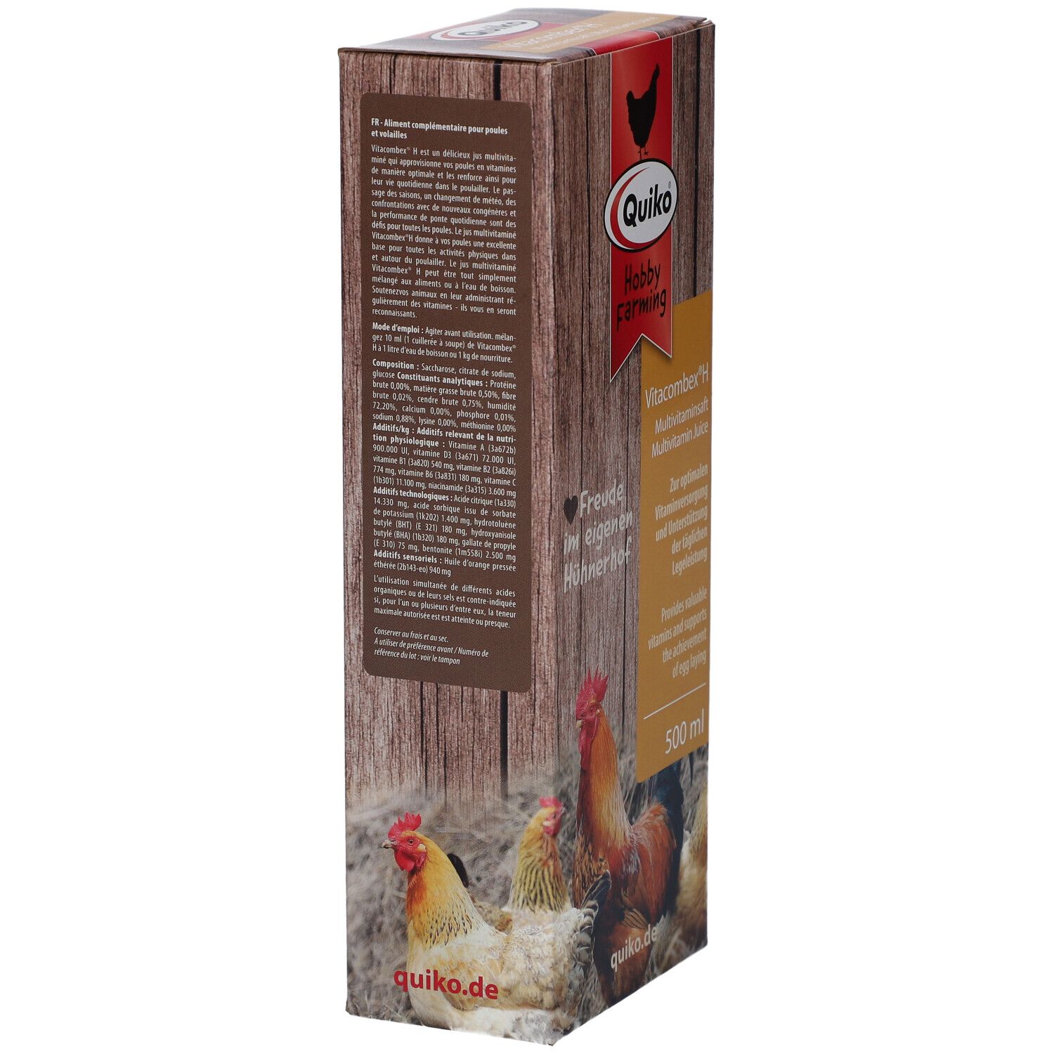 Seitenansicht der QUIKO Hobby Farming Vitacombex H Verpackung. Text und Logo auf Holzoptik. Enthält Produktinformationen und Inhaltsstoffe.