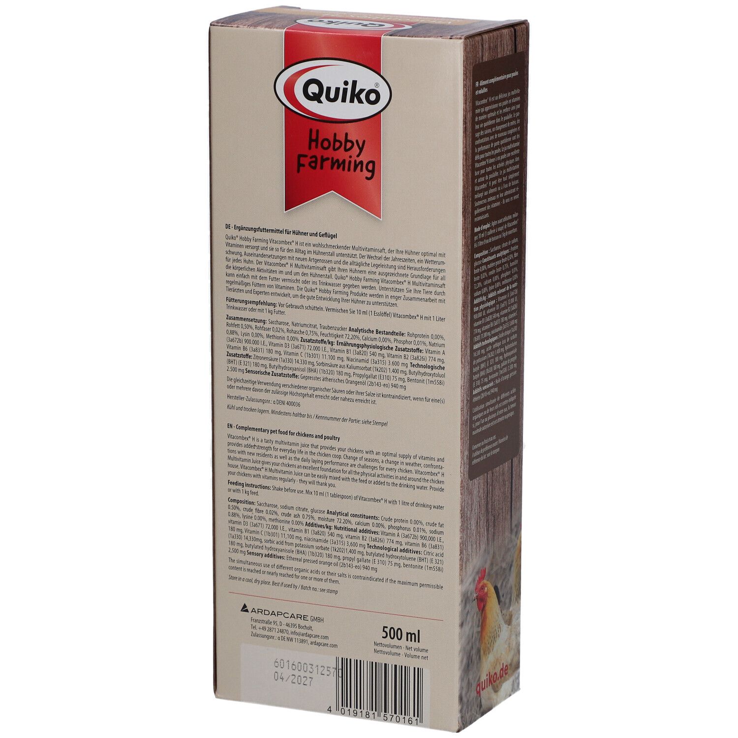 Rückseite der QUIKO Hobby Farming Vitacombex H Verpackung. Textliche Informationen, Inhaltsstoffe, und Logo. 500 ml Volumenangabe.