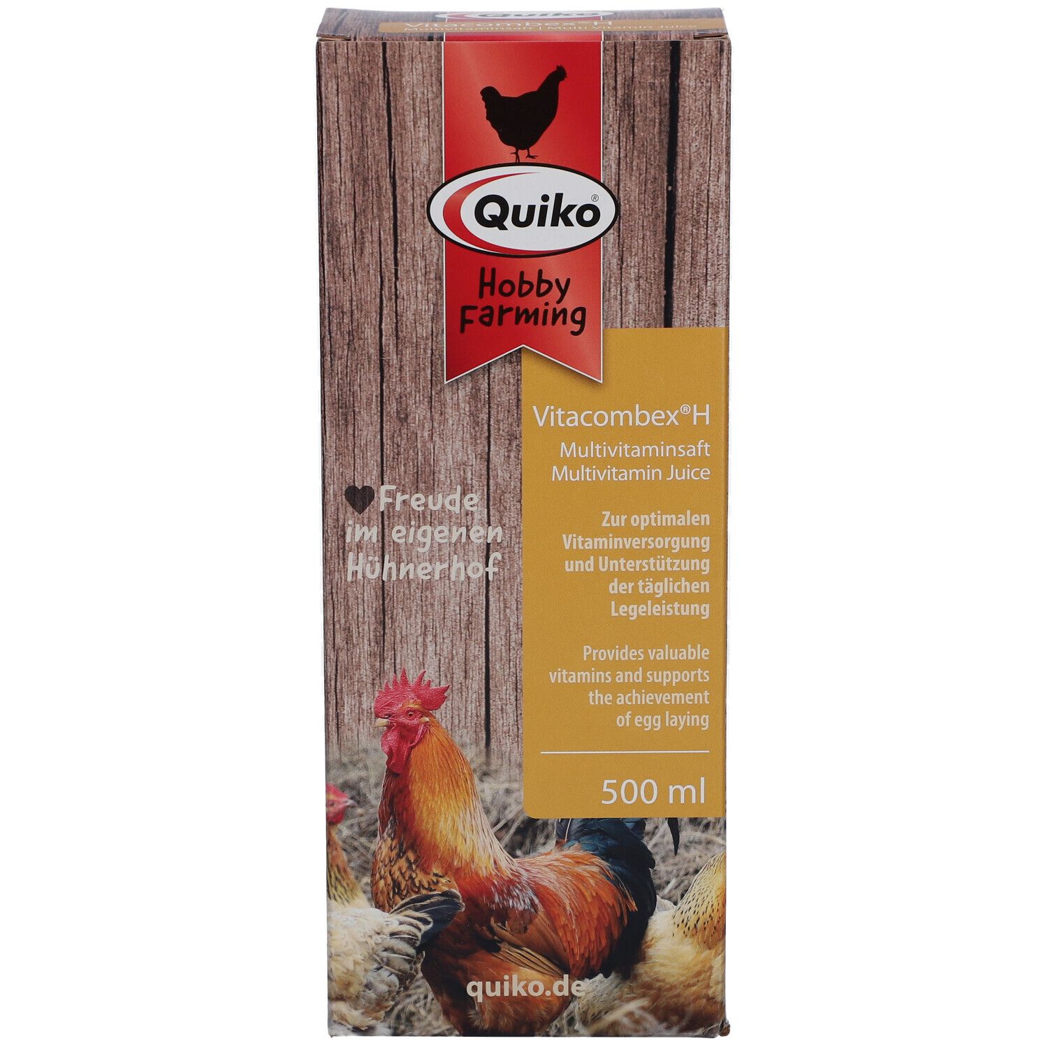 QUIKO Hobby Farming Vitacombex H Verpackung. Logo, Produktname, Multivitamin Juice, 500 ml. Illustrationen von Hühnern und Text.