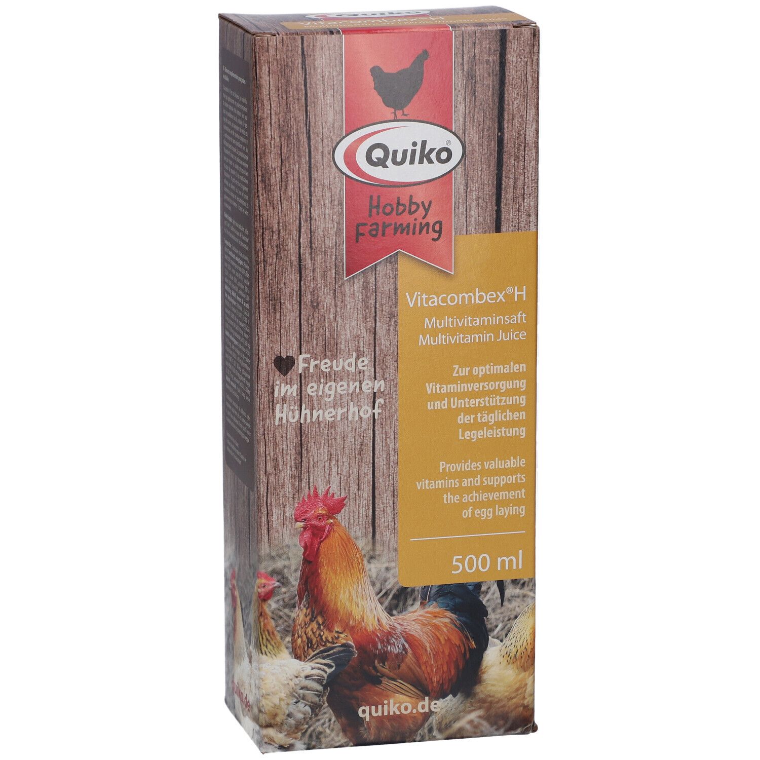 QUIKO Hobby Farming Vitacombex H Verpackung. Logo, Produktname, Multivitamin Juice, 500 ml. Illustrationen von Hühnern und Text.