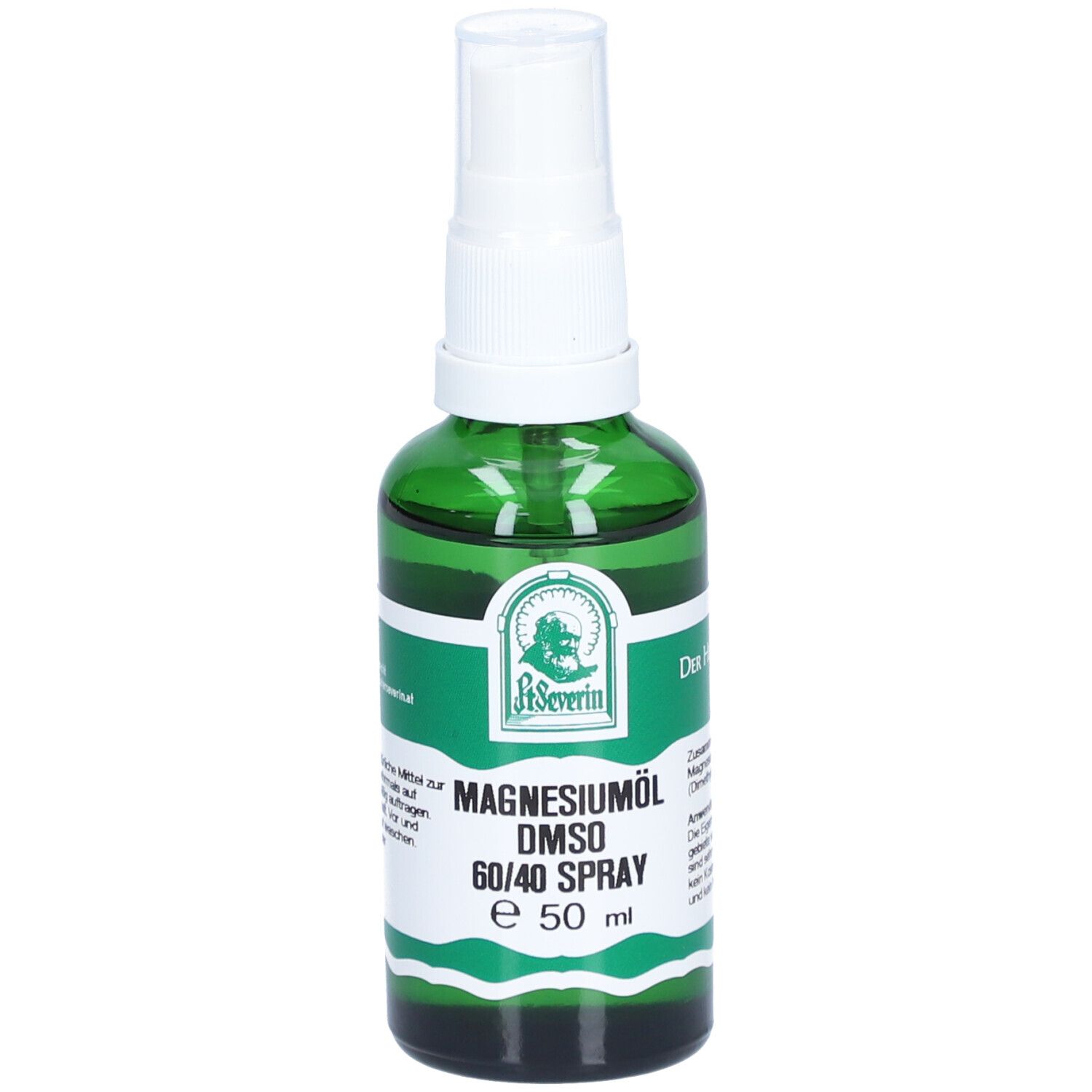Grüne Glasflasche mit Sprühkopf. Beschriftung: Magnesiumöl DMSO 60/40 Spray. Logo: St. Severin.
