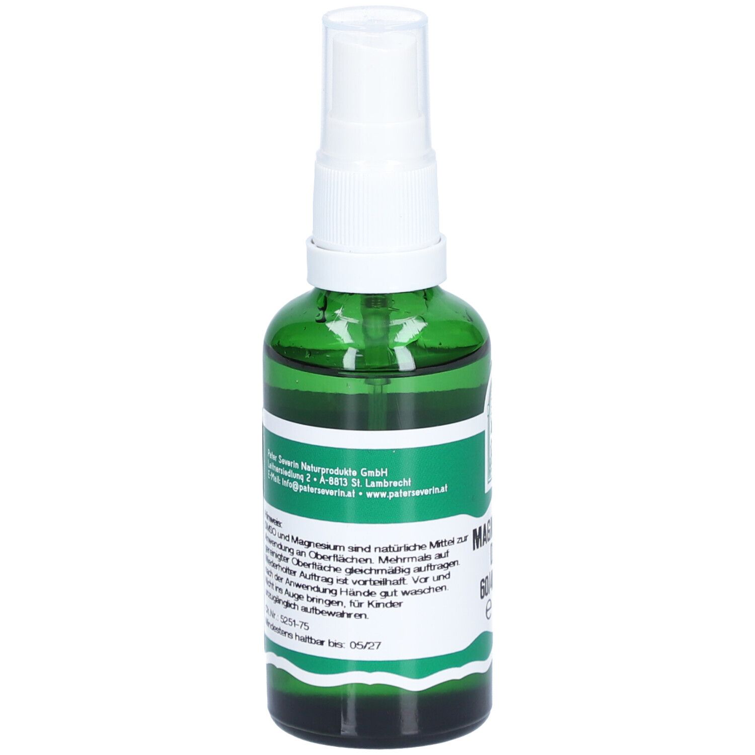 Grüne Glasflasche mit Sprühkopf. Beschriftung: Magnesiumöl DMSO 60/40 Spray. Text mit Inhaltsstoffen und Anwendungshinweisen.