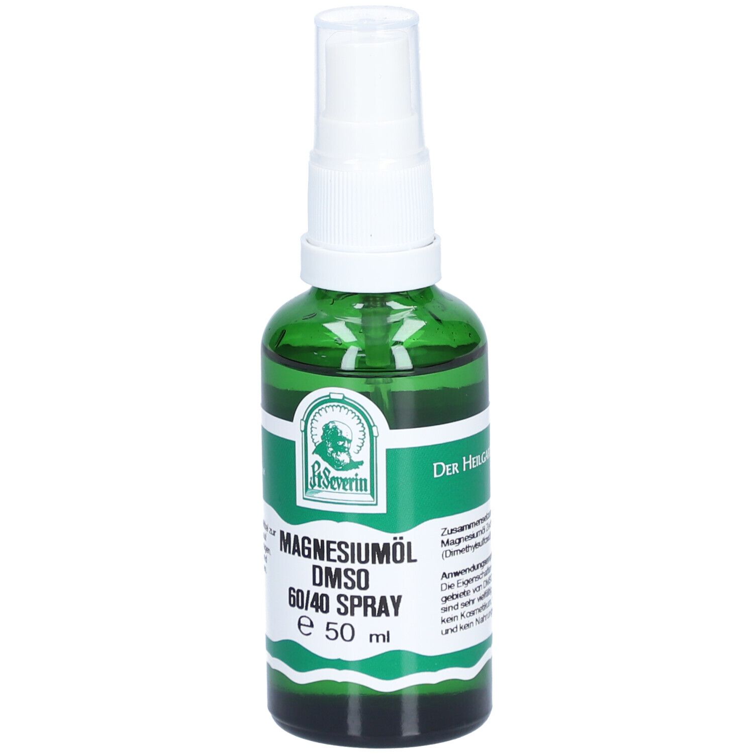 Grüne Glasflasche mit Sprühkopf. Beschriftung: Magnesiumöl DMSO 60/40 Spray. Logo: St. Severin. Text mit Anwendungshinweisen.