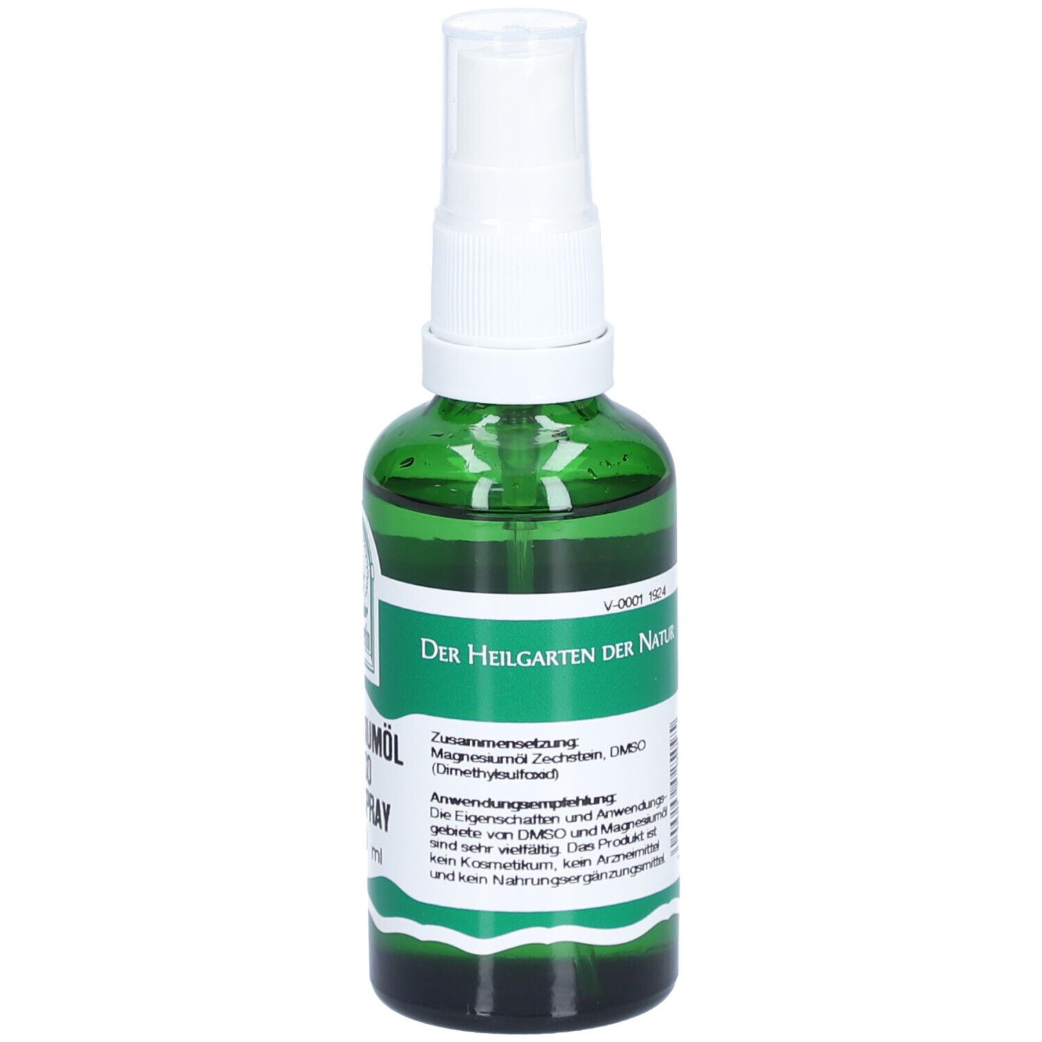 Grüne Glasflasche mit Sprühkopf. Beschriftung: Magnesiumöl DMSO 60/40 Spray. Text mit Anwendungshinweisen.