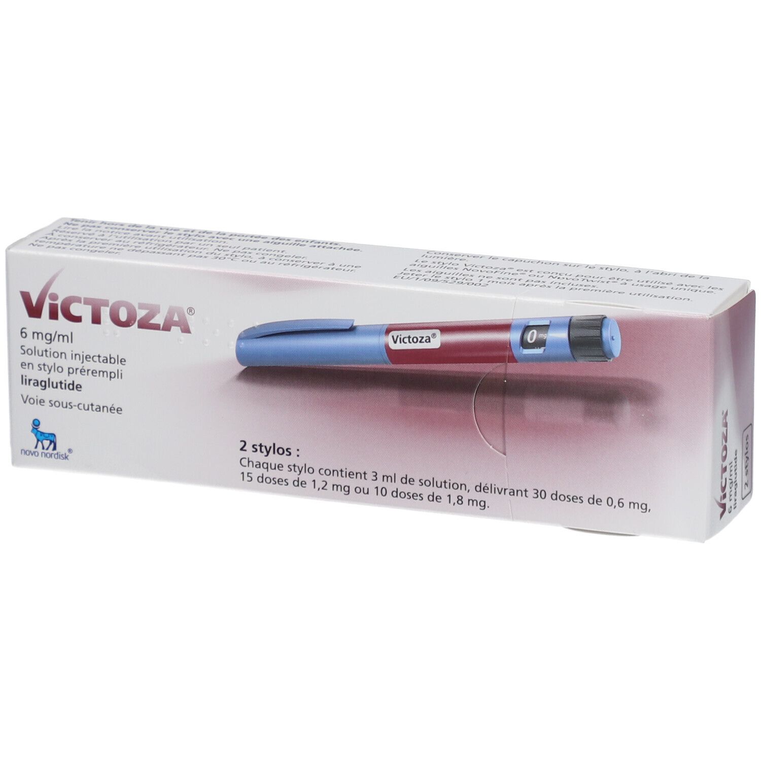 Packung mit zwei Fertigpens VICTOZA 6 mg/ml. Blaue und rote Injektionsstifte in einer weißen Schachtel. Text in Französisch.