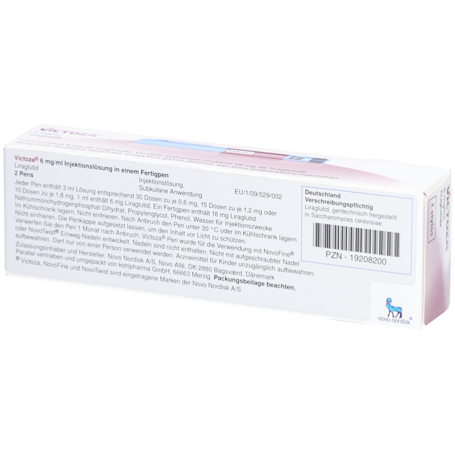 Weiße VICTOZA-Verpackung mit Text in Deutsch. Enthält zwei Fertigpens. PZN-Nummer und Barcode auf der rechten Seite.