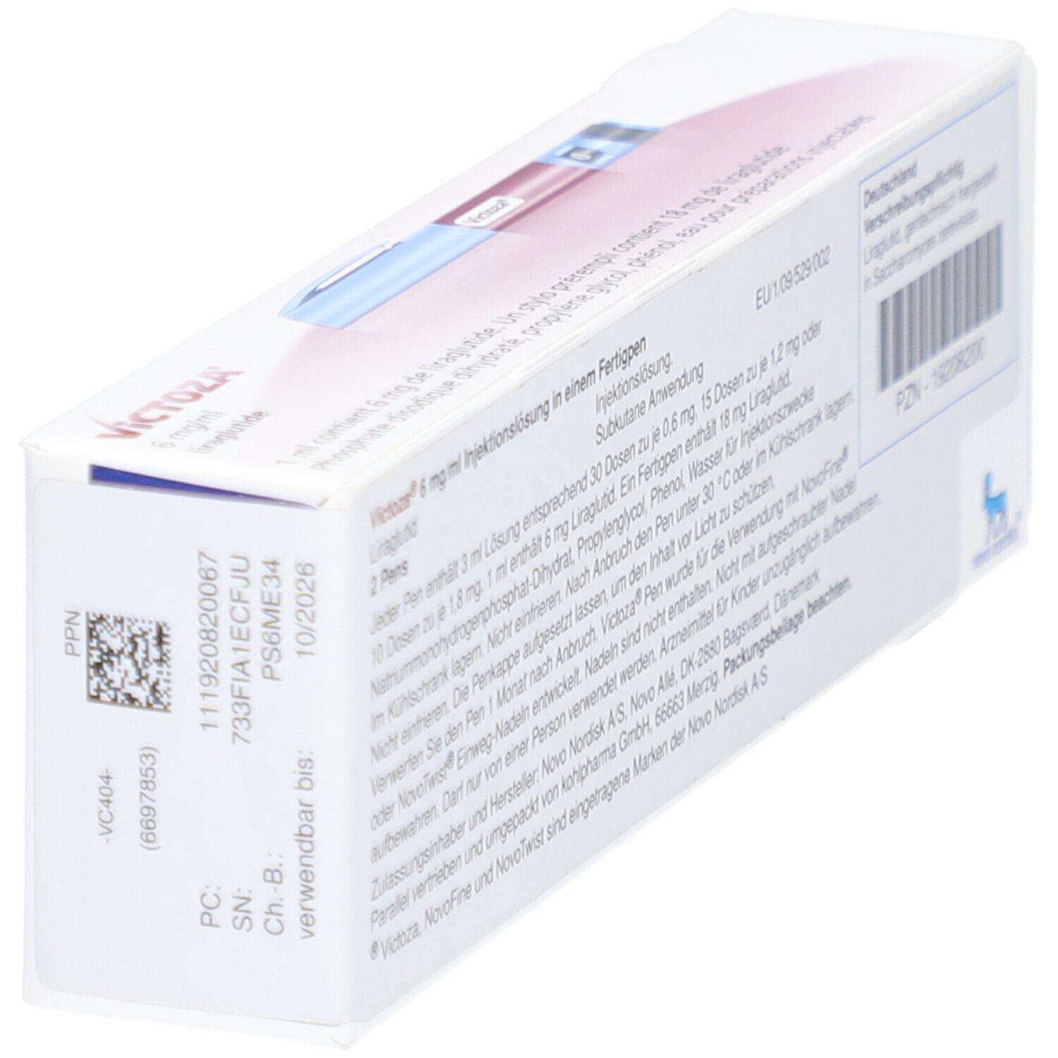 Weiße VICTOZA-Verpackung, schräg von oben. Text in Deutsch. Enthält zwei Fertigpens. PZN-Nummer und Barcode.