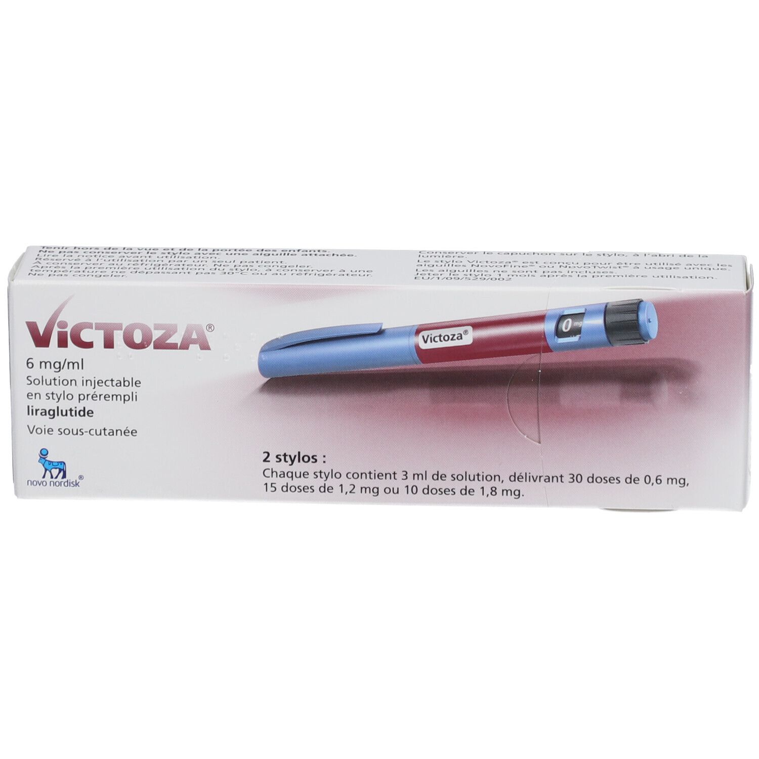Packung mit zwei Fertigpens VICTOZA 6 mg/ml. Blaue und rote Injektionsstifte in einer weißen Schachtel. Text in Französisch.