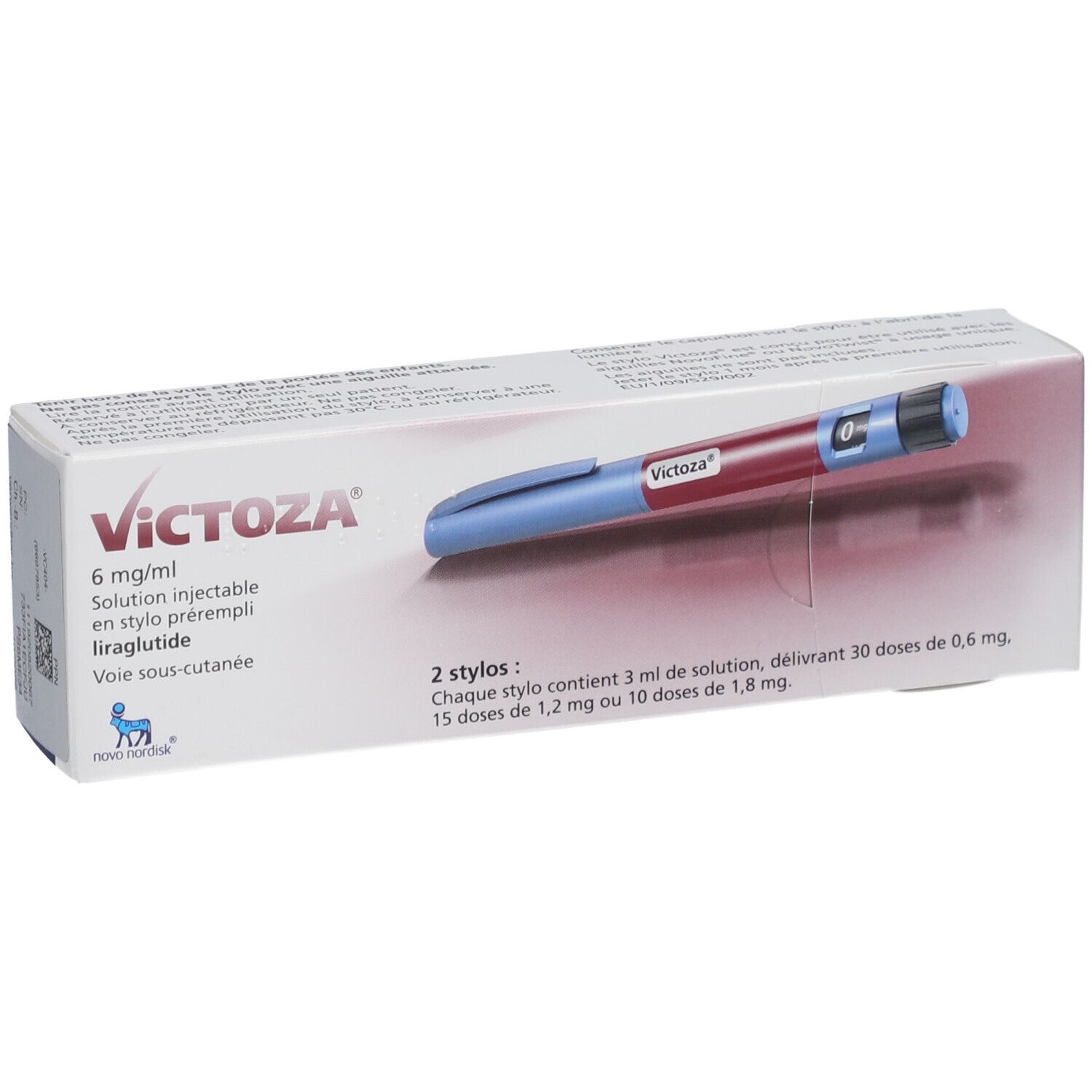 Packung mit zwei Fertigpens VICTOZA 6 mg/ml. Blaue und rote Injektionsstifte in einer weißen Schachtel. Text in Französisch.
