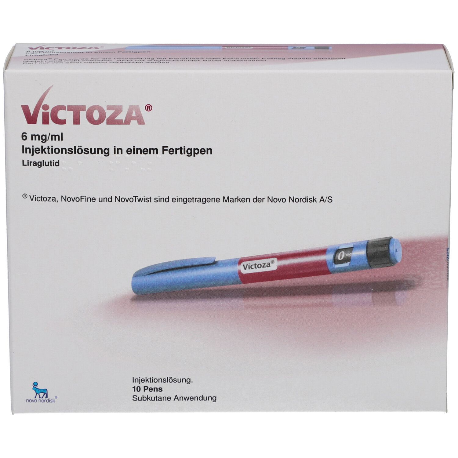 Karton mit Fertigpen. Aufschrift: VICTOZA 6 mg/ml Injektionslsg.i.e.Fertigpen. Blaue und rote Fertigpen. 10 Pens.