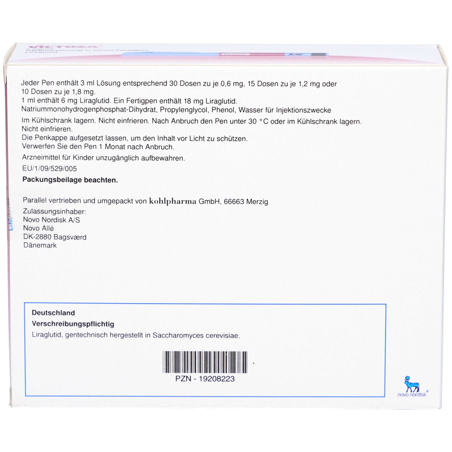 Rückseite der Verpackung. Textinformationen über VICTOZA 6 mg/ml Injektionslsg.i.e.Fertigpen. Herstellerinformationen und Chargennummer.