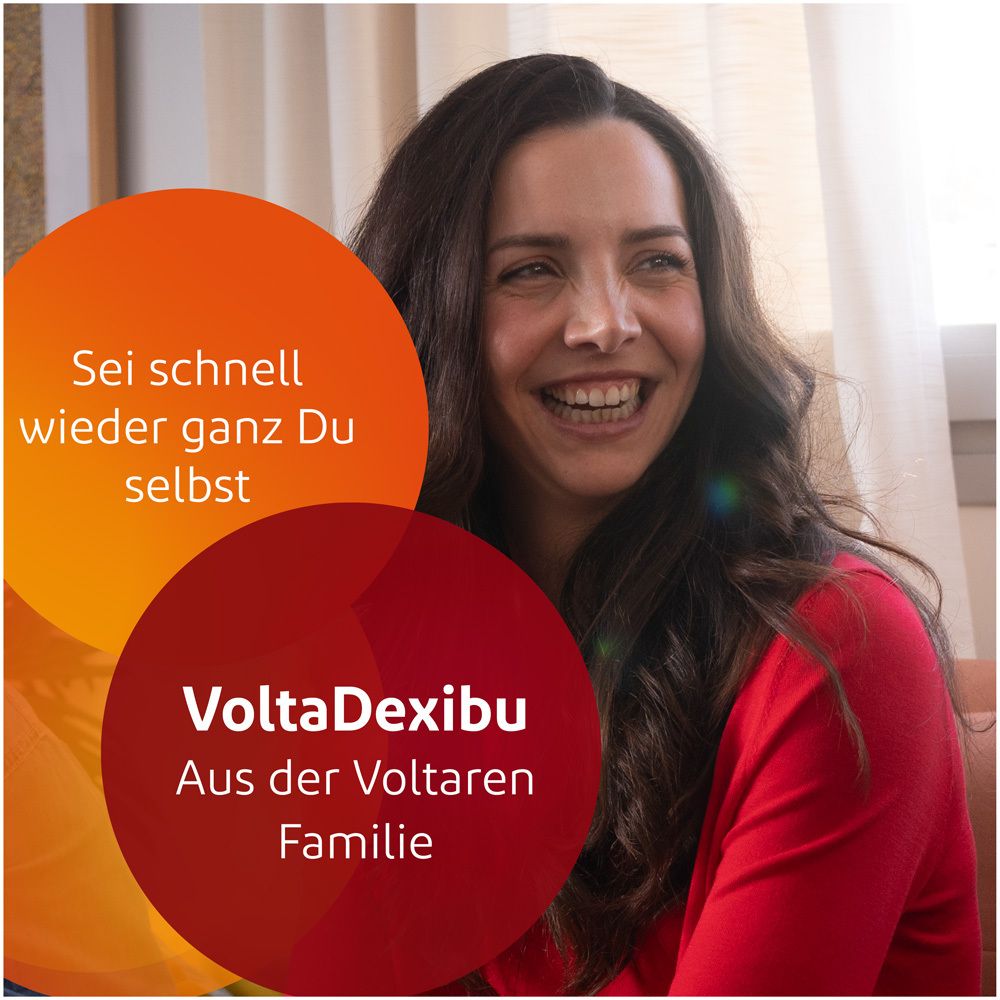 Text: Sei schnell wieder ganz Du selbst. VoltaDexibu. Aus der Voltaren Familie. Roter Hintergrund.