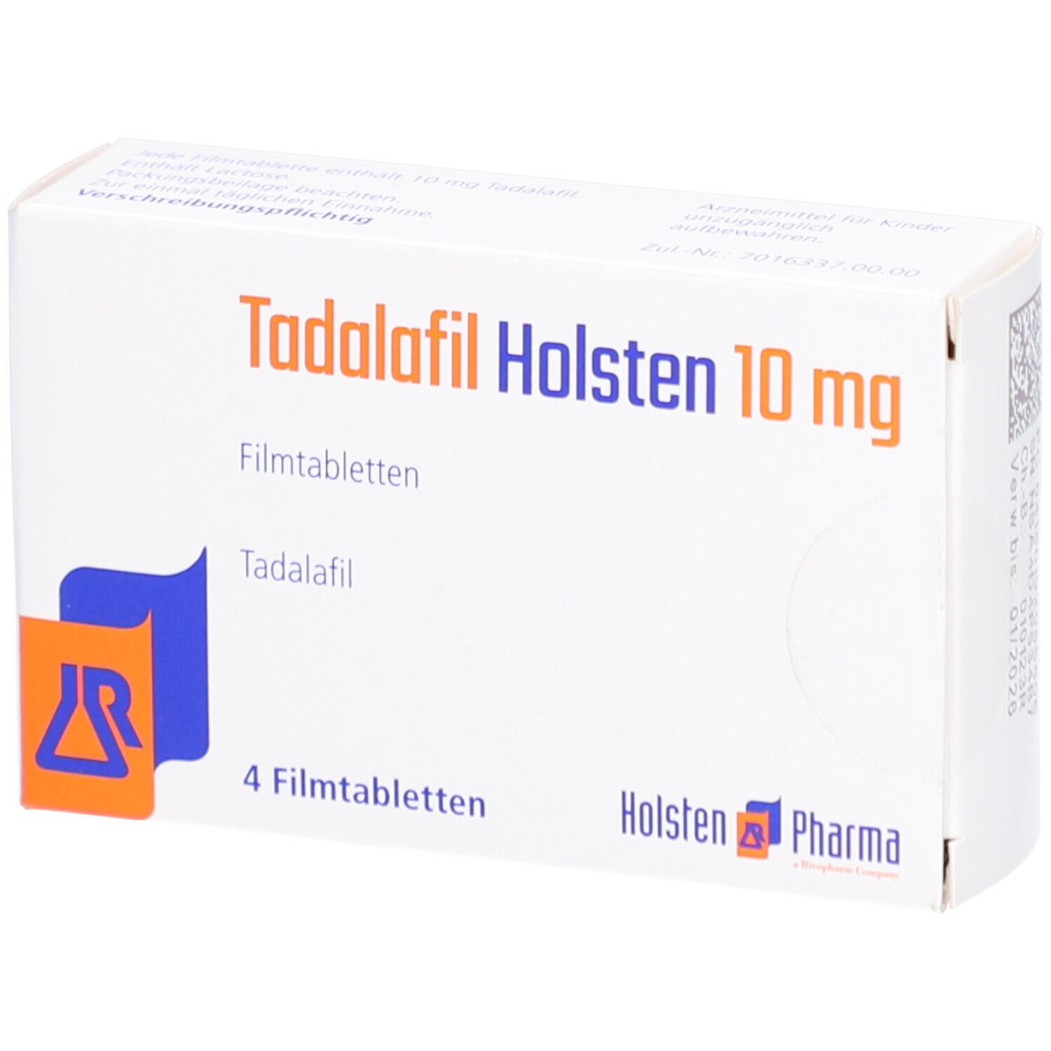 Schachtel mit "Tadalafil Holsten 10 mg Filmtabletten". Enthält 4 Tabletten. Logo von Holsten Pharma.