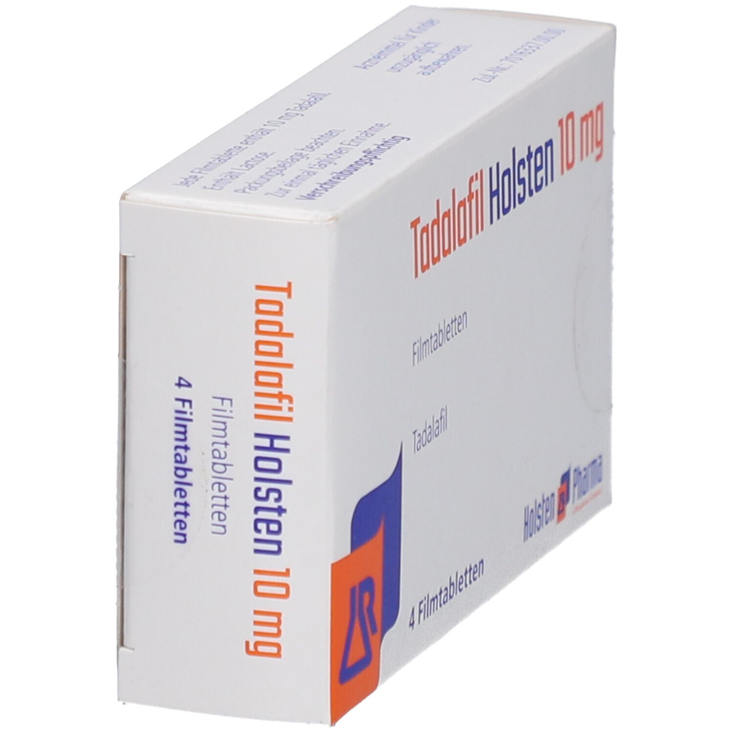 Schachtel "Tadalafil Holsten 10 mg Filmtabletten" in Schrägansicht. Enthält 4 Tabletten. Logo Holsten Pharma.