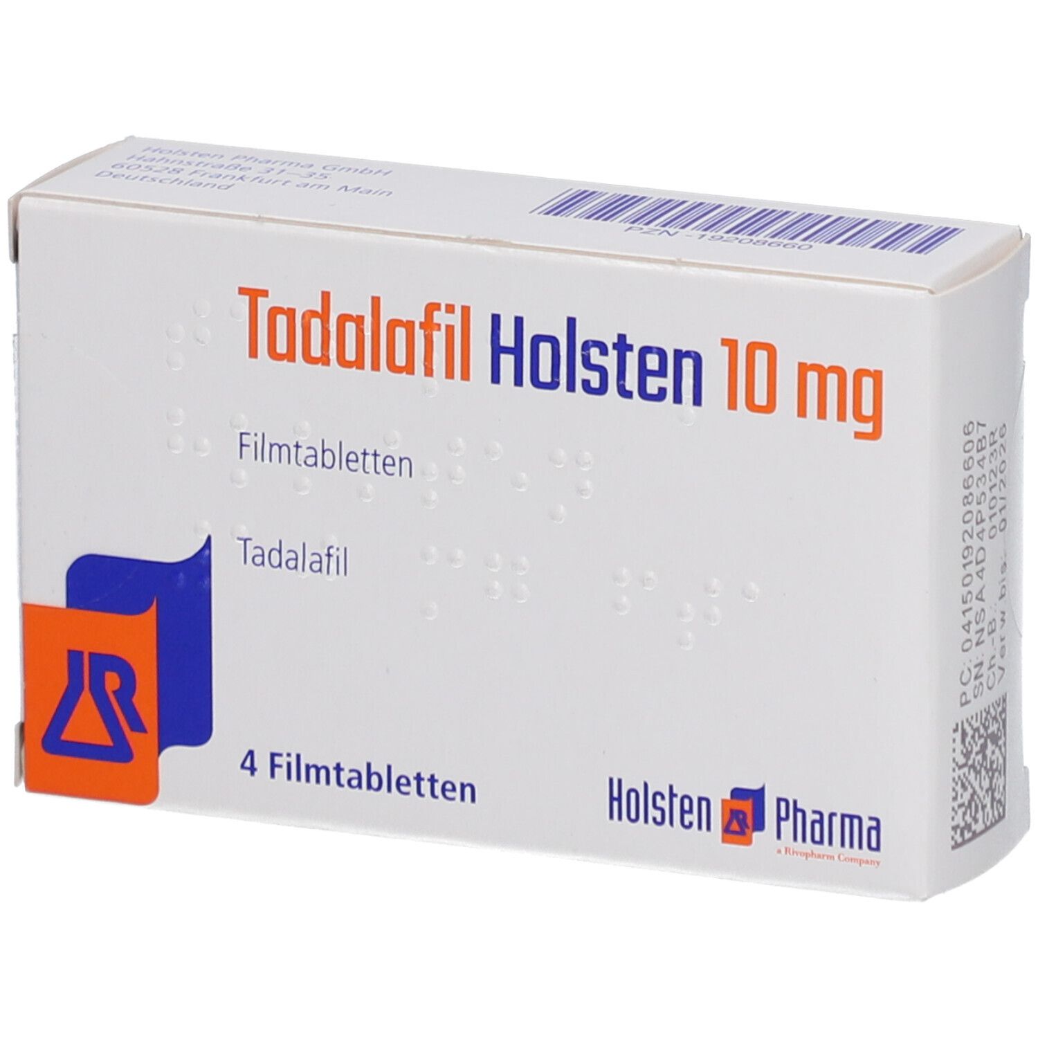 Schachtel "Tadalafil Holsten 10 mg Filmtabletten". Enthält 4 Tabletten. Logo Holsten Pharma.