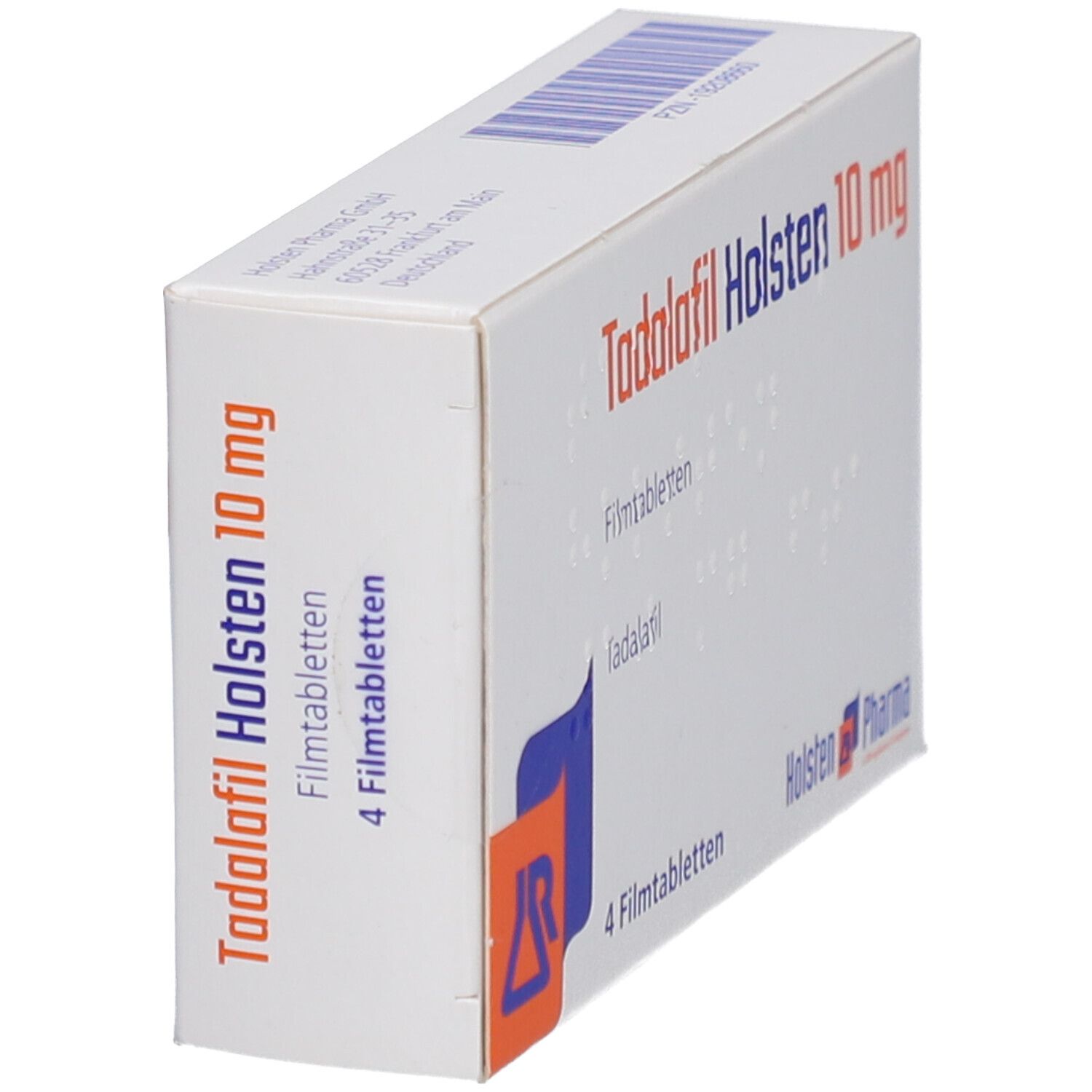 Schachtel "Tadalafil Holsten 10 mg Filmtabletten" in Schrägansicht. Enthält 4 Tabletten. Logo Holsten Pharma.