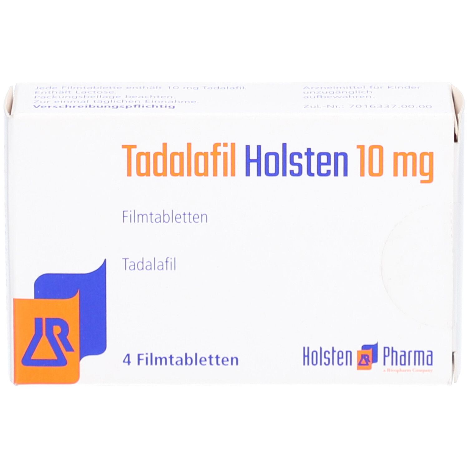 Schachtel "Tadalafil Holsten 10 mg Filmtabletten". Enthält 4 Tabletten. Logo Holsten Pharma.