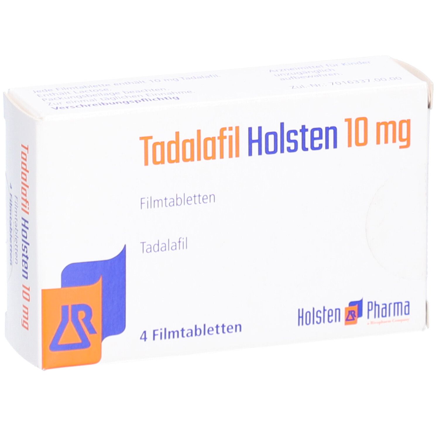 Schachtel "Tadalafil Holsten 10 mg Filmtabletten". Enthält 4 Tabletten. Logo Holsten Pharma.