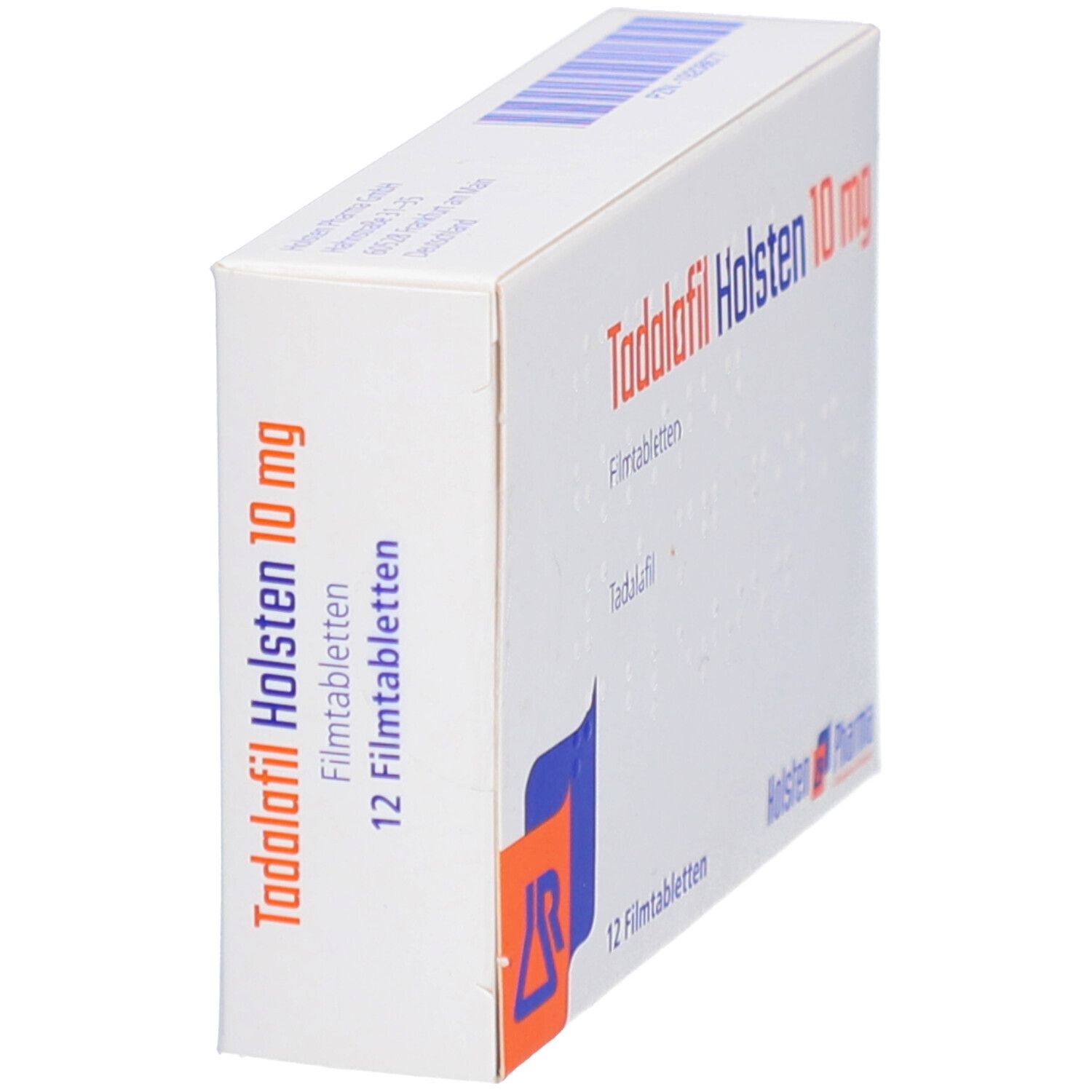Schachtel mit TADALAFIL Holsten 10 mg Filmtabletten, schräg. Aufschrift: 12 Filmtabletten. Logo von Holsten Pharma.