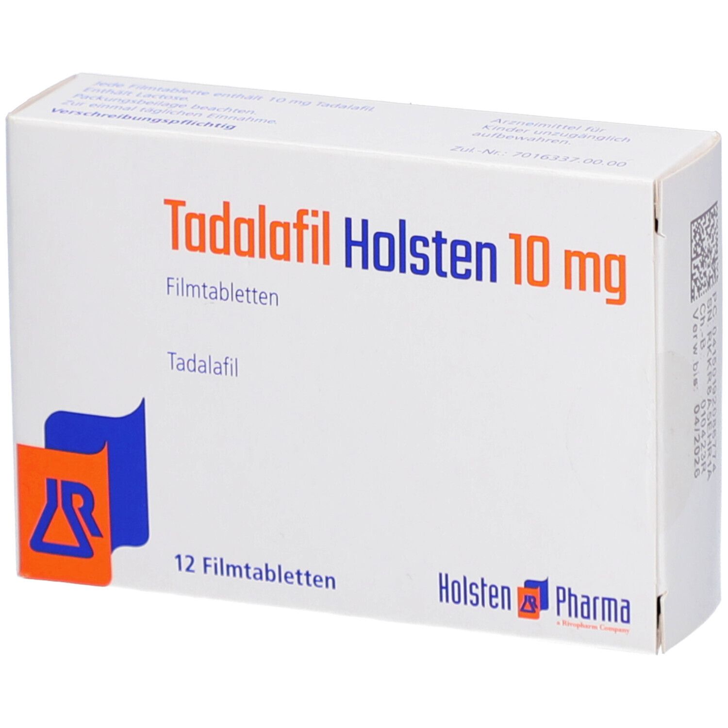 Schachtel mit TADALAFIL Holsten 10 mg Filmtabletten. Aufschrift: 12 Filmtabletten. Logo von Holsten Pharma.