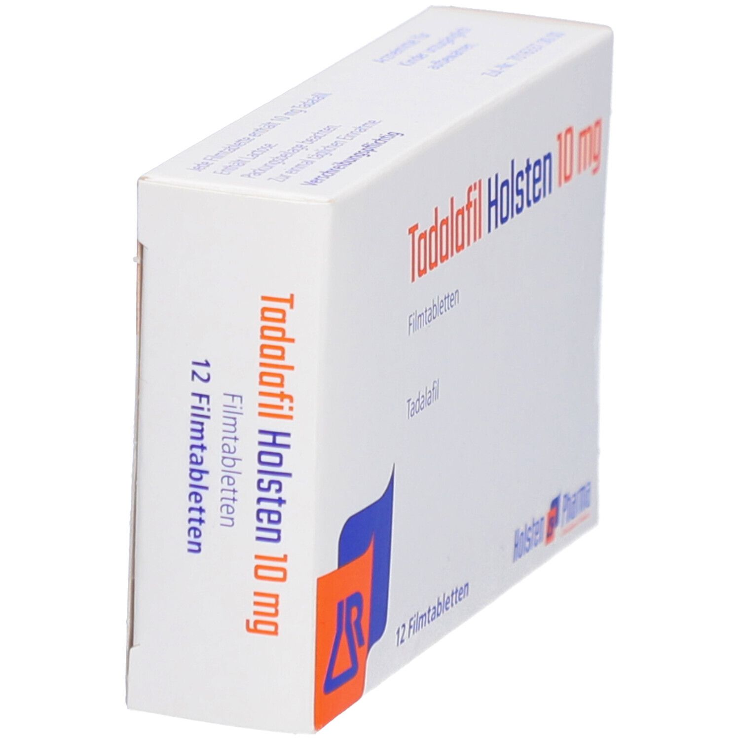 Schachtel mit TADALAFIL Holsten 10 mg Filmtabletten, schräg. Aufschrift: 12 Filmtabletten. Logo von Holsten Pharma.