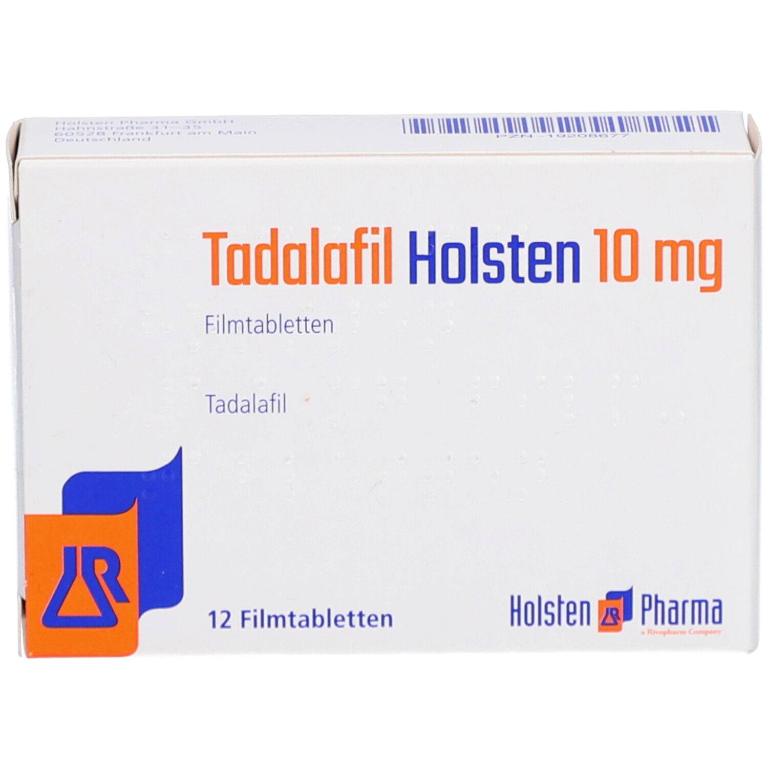 Schachtel mit TADALAFIL Holsten 10 mg Filmtabletten. Aufschrift: 12 Filmtabletten. Logo von Holsten Pharma.