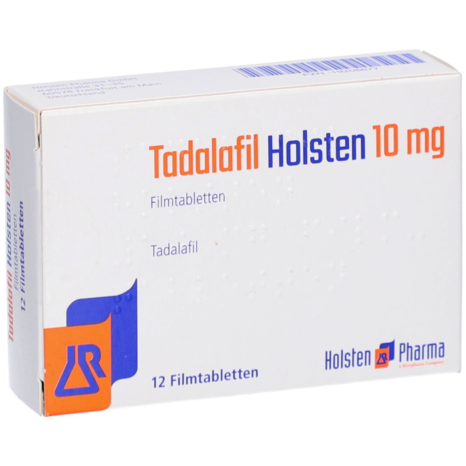 Schachtel mit TADALAFIL Holsten 10 mg Filmtabletten. Aufschrift: 12 Filmtabletten. Logo von Holsten Pharma.