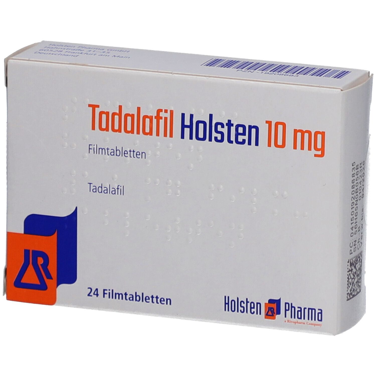 Schachtel mit "Tadalafil Holsten 10 mg Filmtabletten". Blaue und orangefarbene Grafik. 24 Filmtabletten. Holsten Pharma Logo.
