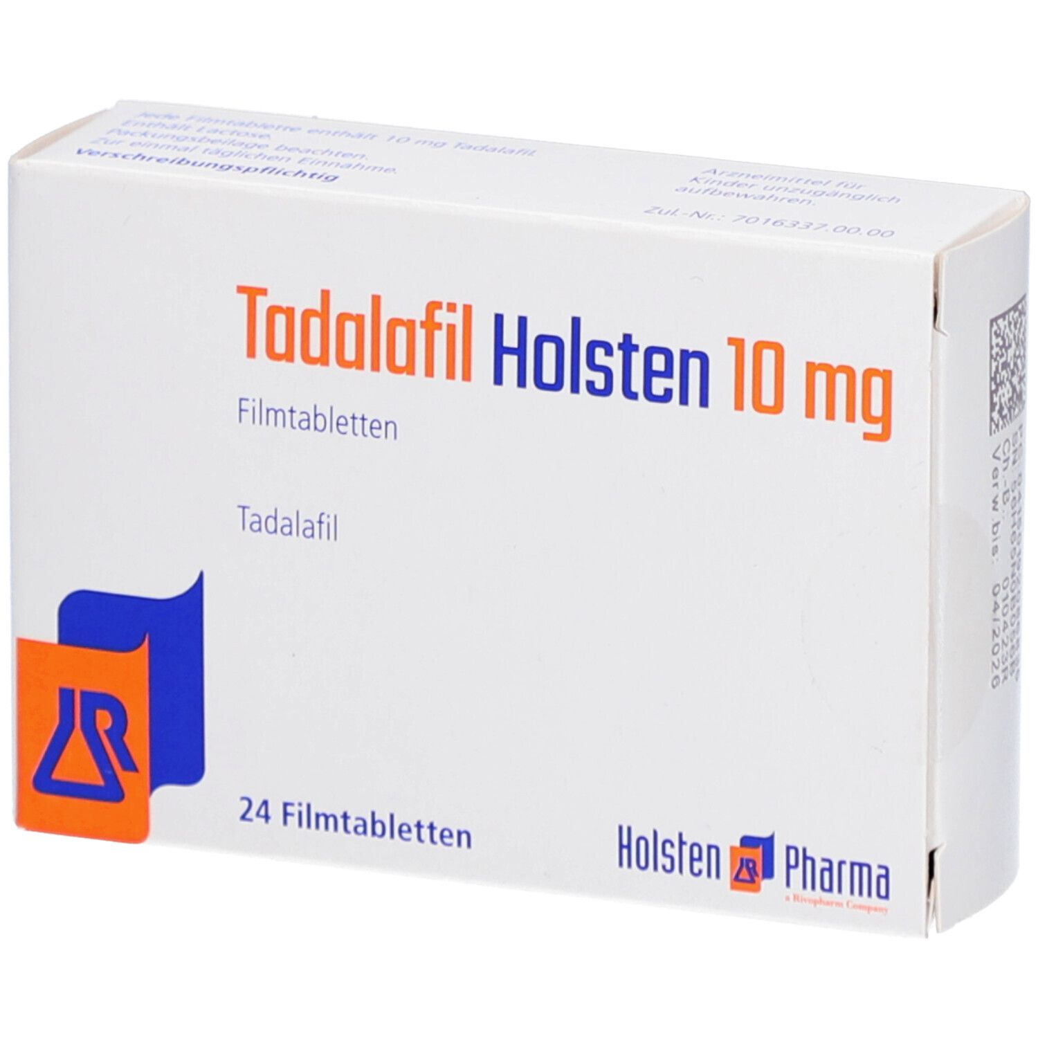 Schachtel mit "Tadalafil Holsten 10 mg Filmtabletten". Blaue und orangefarbene Grafik. 24 Filmtabletten. Holsten Pharma Logo.