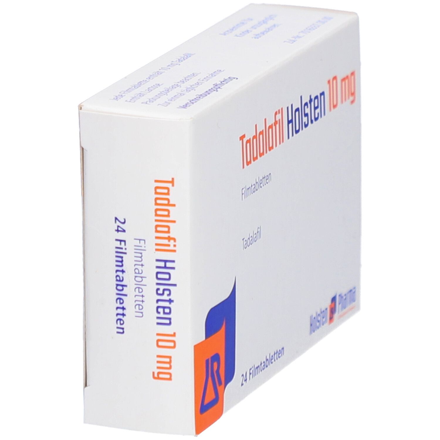 Schachtel "Tadalafil Holsten 10 mg Filmtabletten". Blaue und orangefarbene Grafik. 24 Filmtabletten. Holsten Pharma Logo. Perspektivische Ansicht.