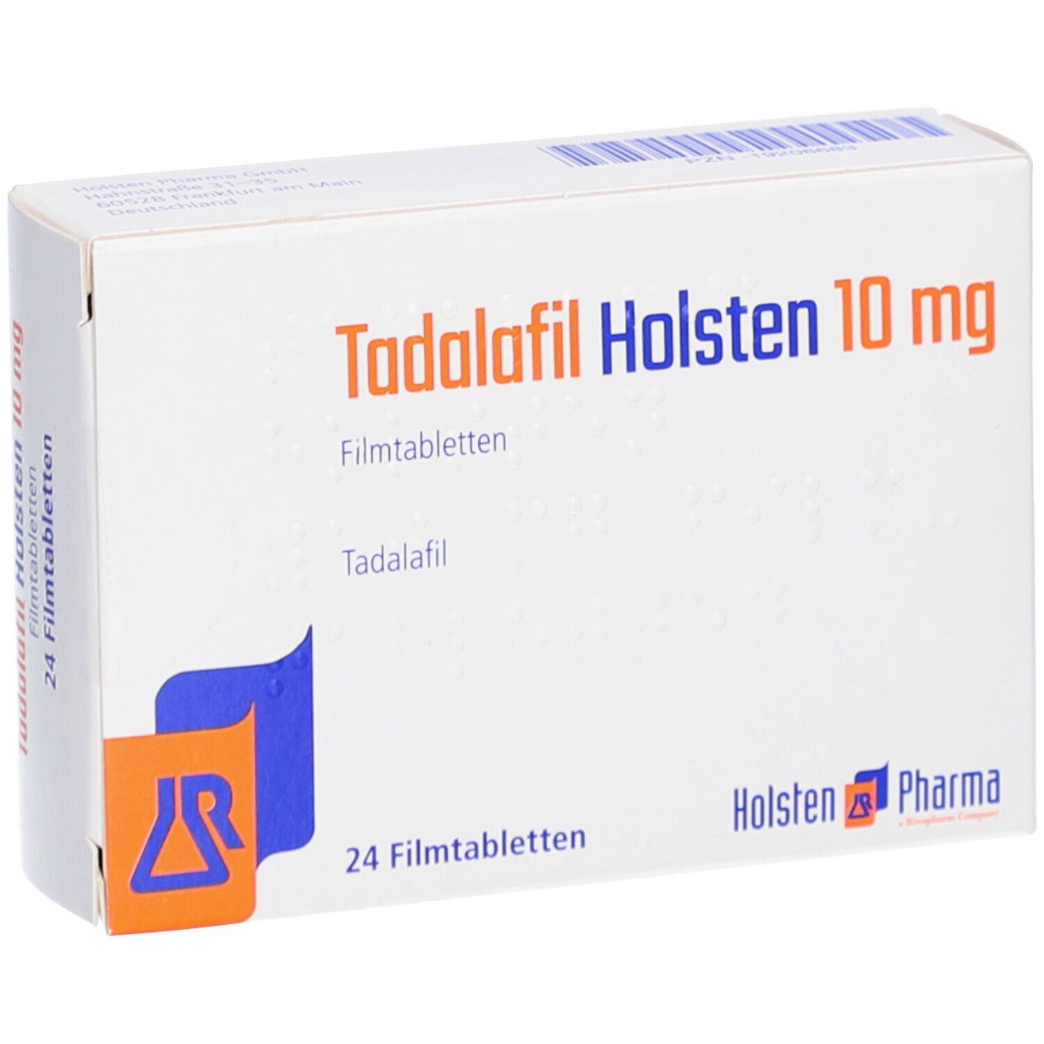 Schachtel mit "Tadalafil Holsten 10 mg Filmtabletten". Blaue und orangefarbene Grafik. 24 Filmtabletten. Holsten Pharma Logo.