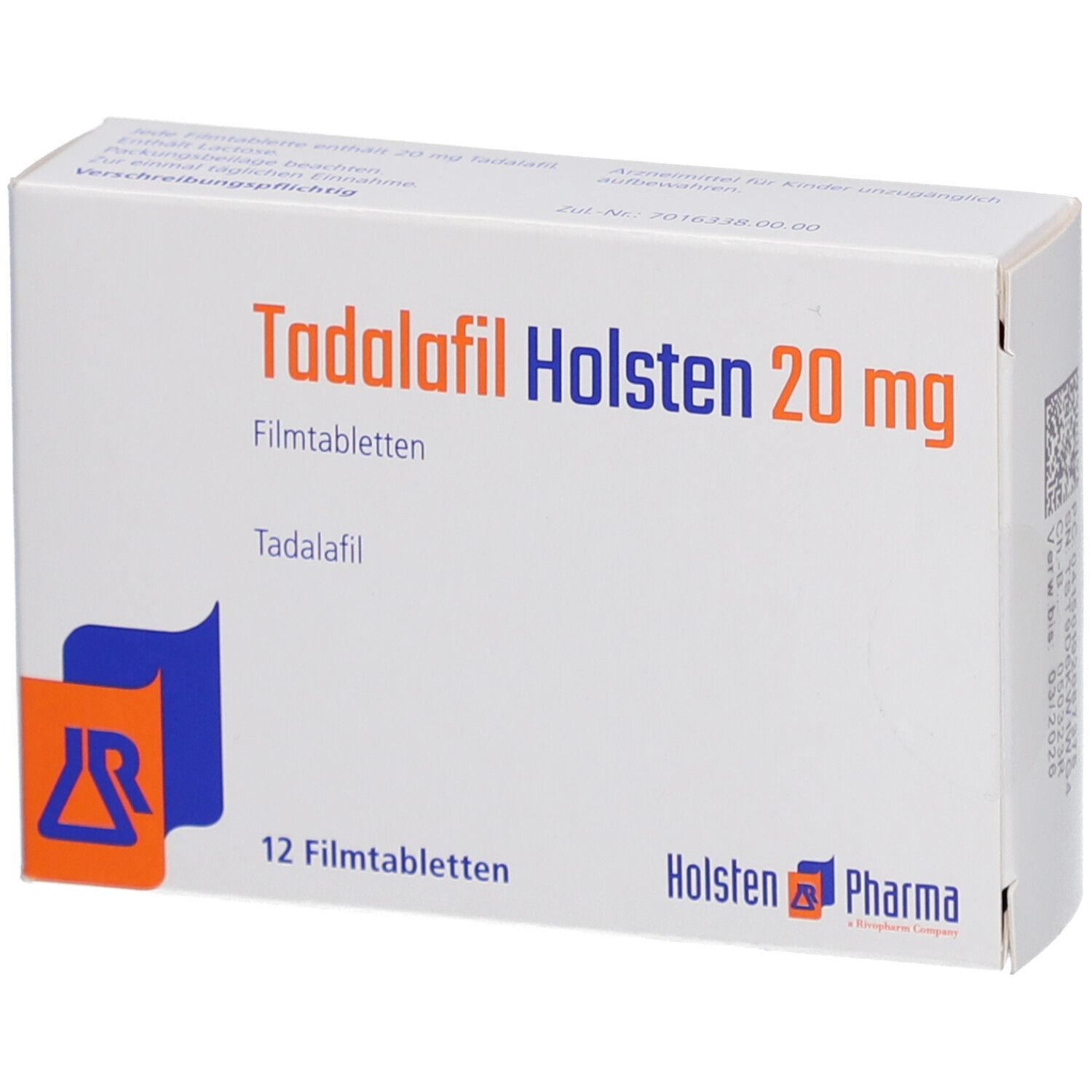 Schachtel mit "Tadalafil Holsten 20 mg Filmtabletten". 12 Tabletten. Logo von Holsten Pharma.