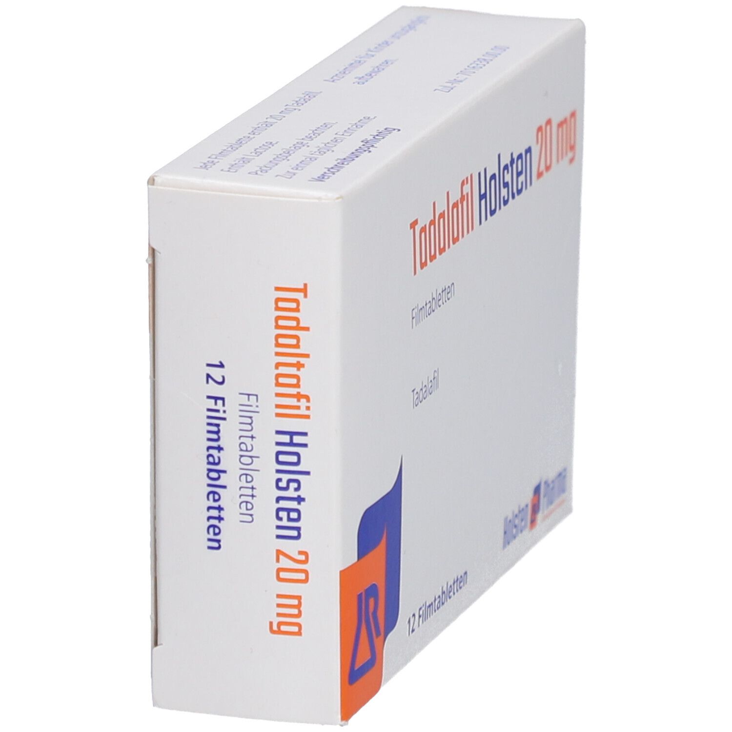 Schachtel "Tadalafil Holsten 20 mg Filmtabletten" in Schrägansicht. 12 Tabletten. Logo Holsten Pharma.